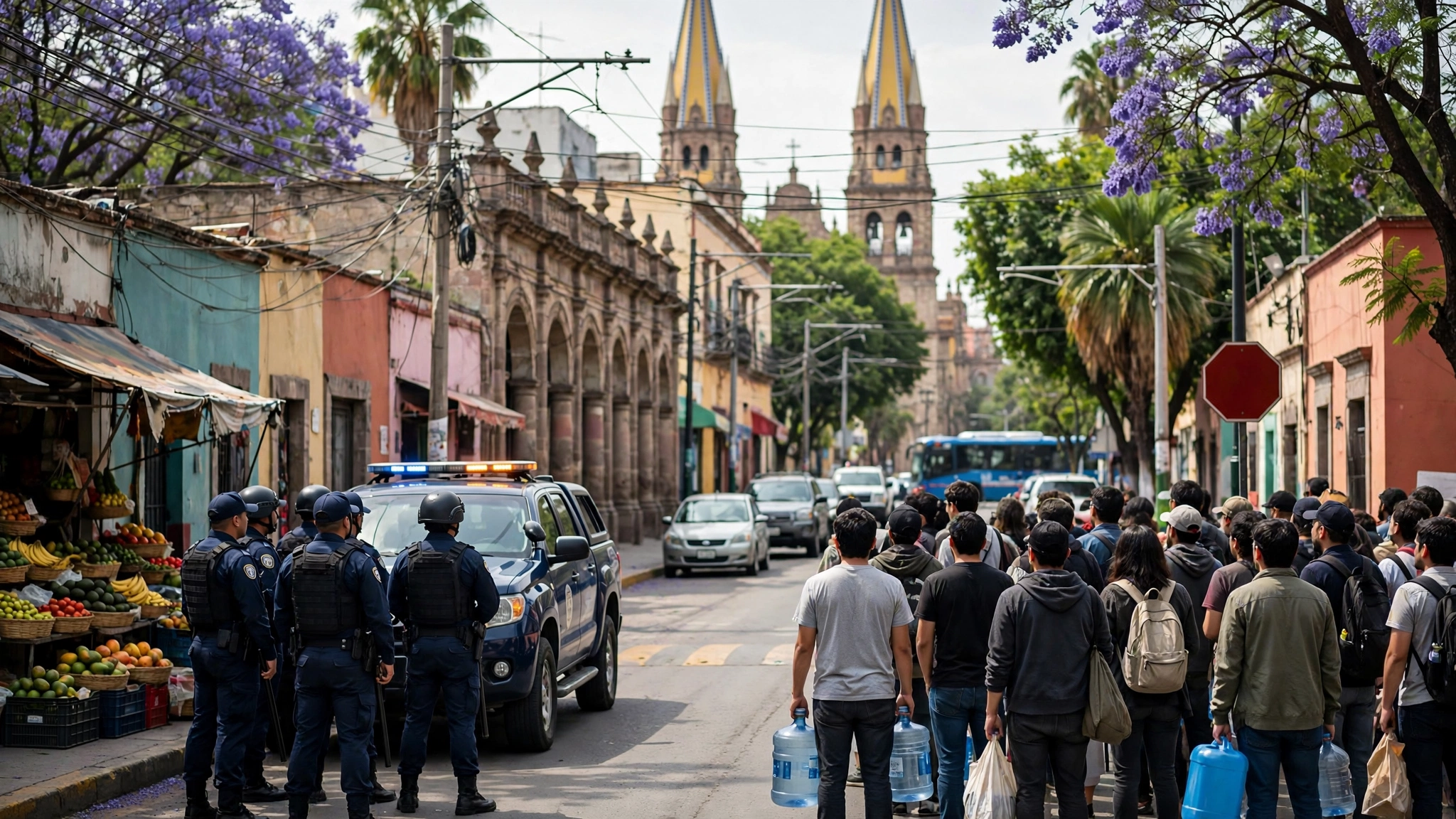 Policías y manifestantes durante la protesta por el agua en Guadalajara
