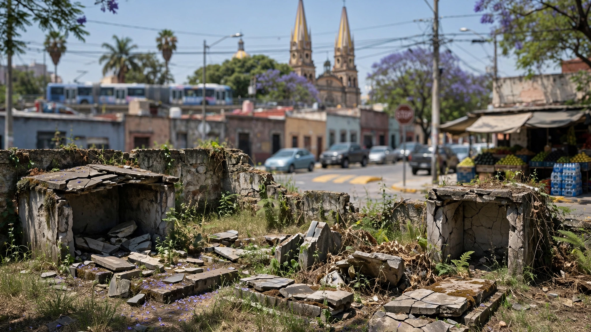 Criptas abiertas y lápidas fracturadas entre la maleza en el Panteón Guadalajara