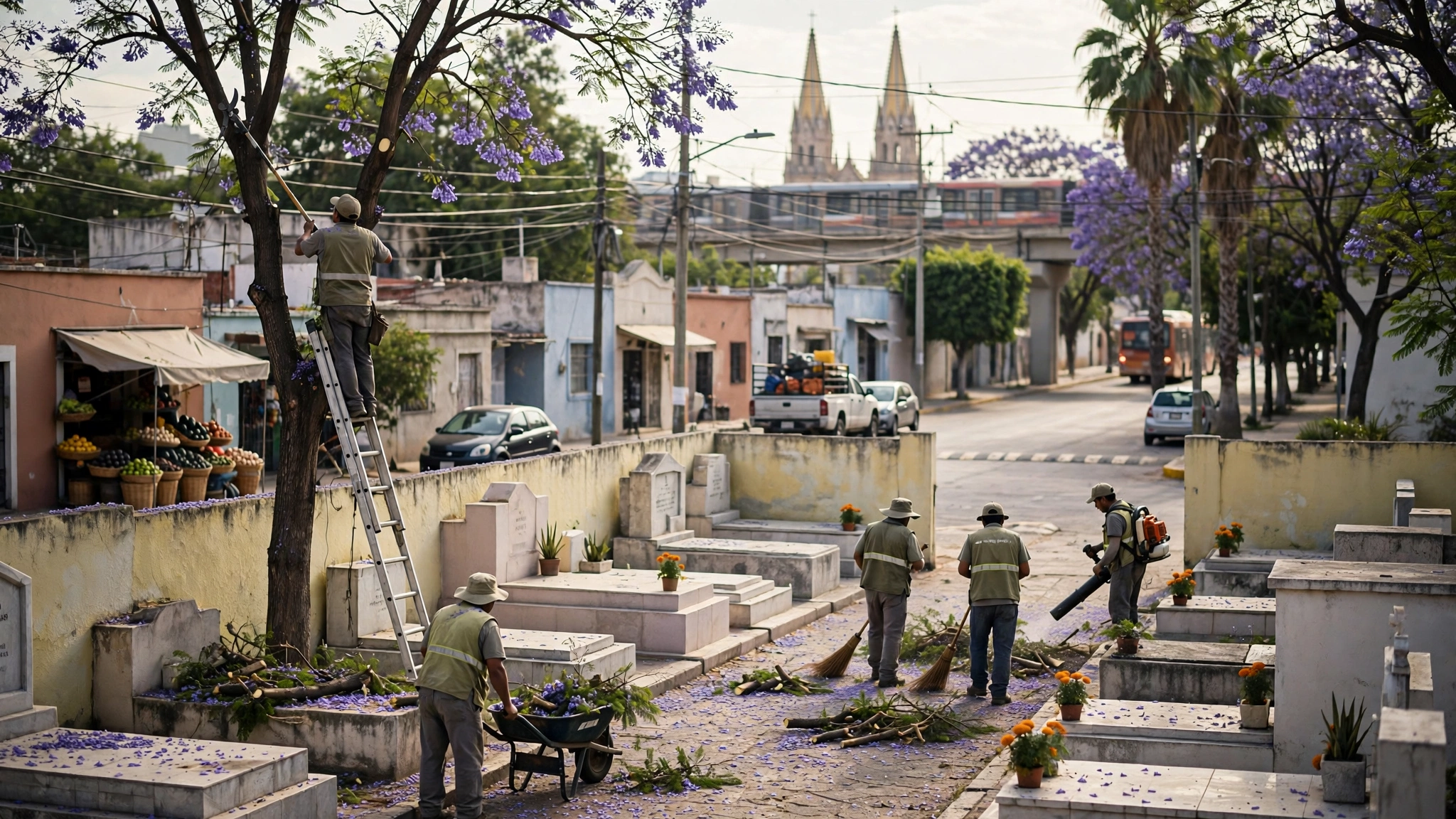 Trabajadores municipales podan árboles y limpian pasillos en un panteón de Guadalajara antes de Día de Muertos