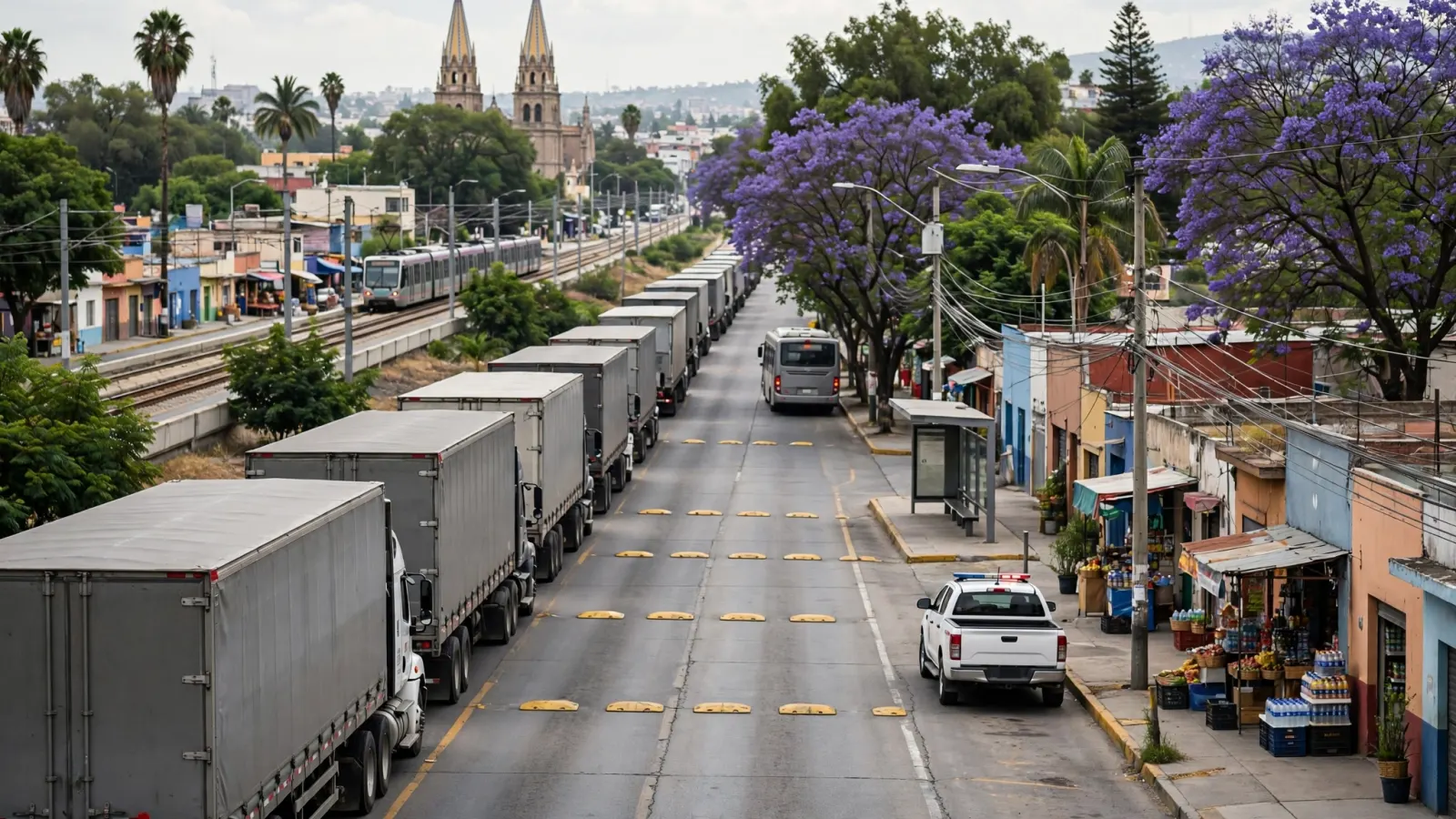 Camiones de carga detenidos en una autopista mexicana durante el paro nacional de transportistas
