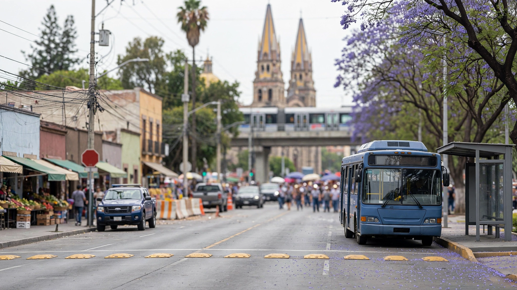 Camión de transporte público detenido en una avenida de Guadalajara durante el paso de una peregrinación