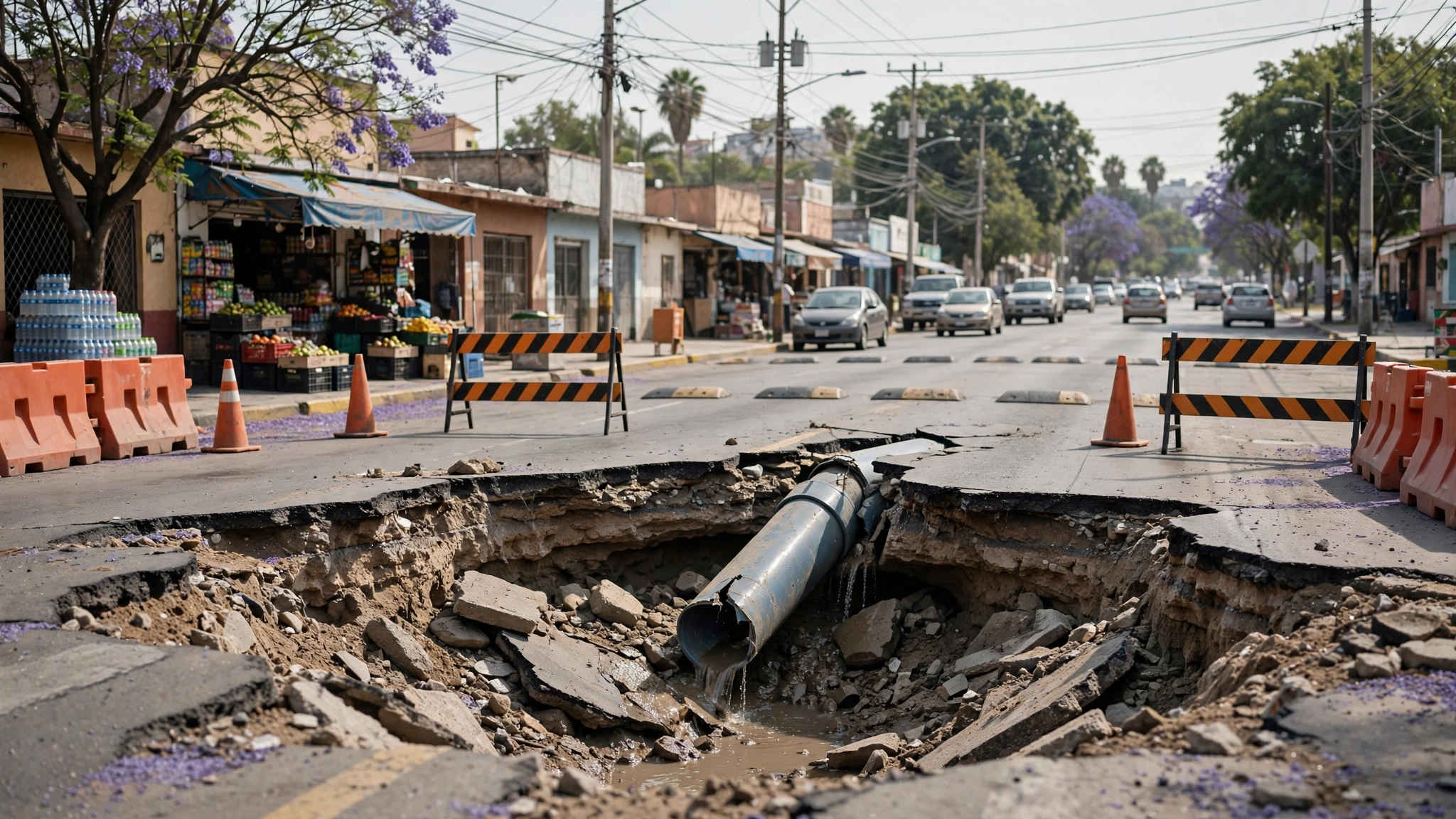 Pipa de agua potable caída dentro de un socavón en avenida San Rafael, en Guadalajara