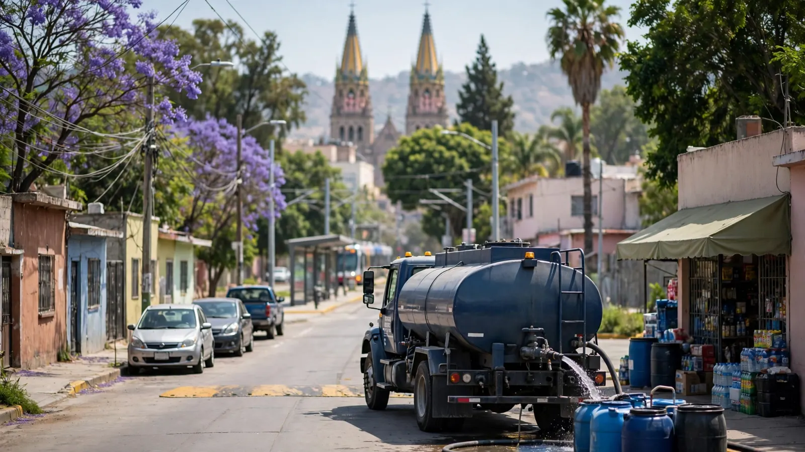 Camión cisterna de la Secretaría de Seguridad reparte agua en una colonia de Guadalajara