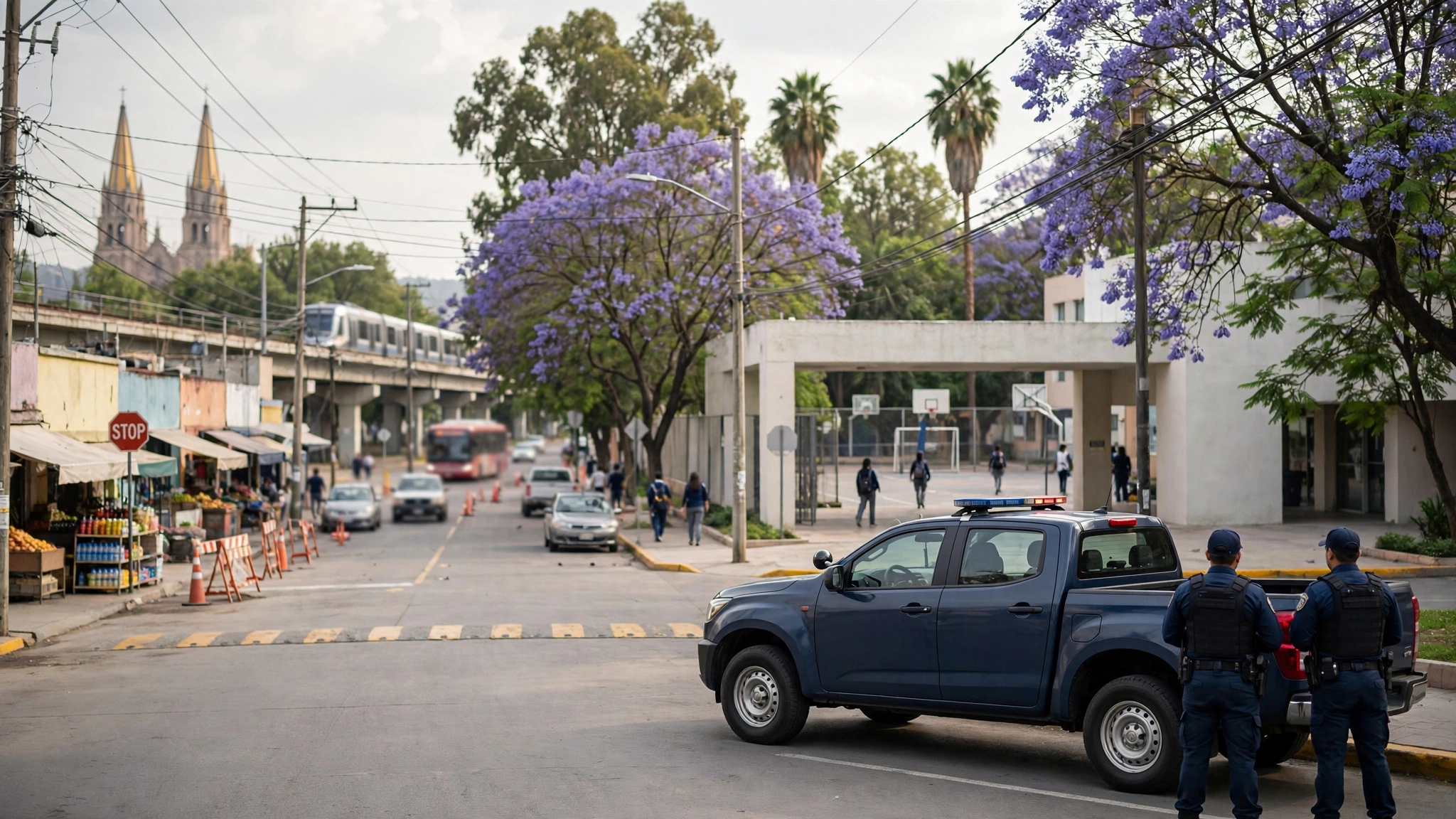 Patrulla de la Policía Escolar de Guadalajara frente al CUCEI, en avenida Revolución