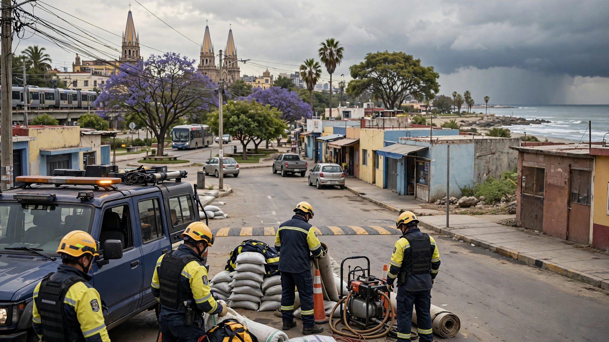 Oficiales de Protección Civil Jalisco preparan equipo de emergencia en una costa antes de la llegada de la tormenta Simón