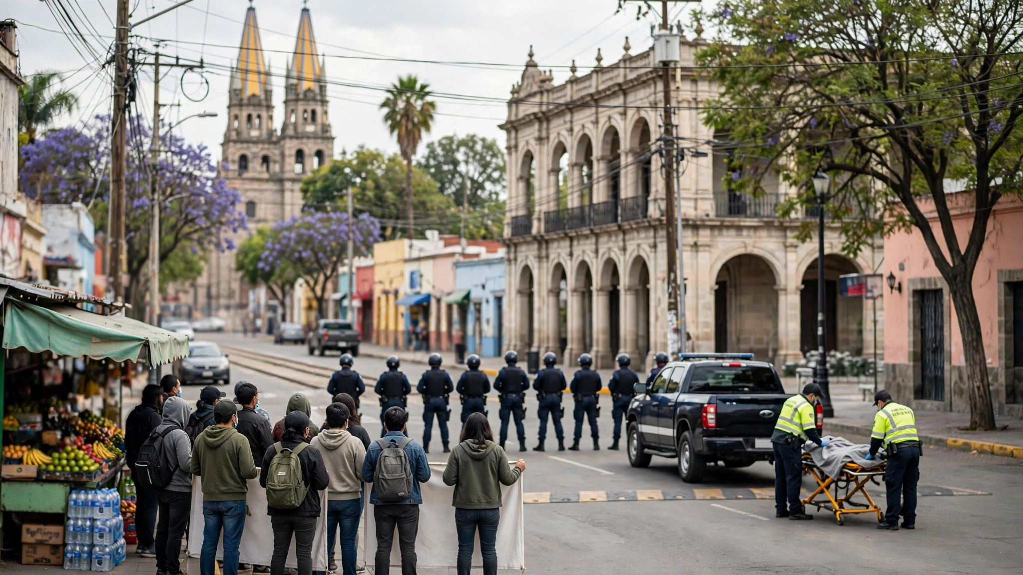 Manifestantes y policías frente a Casa Jalisco durante la protesta por agua limpia en Guadalajara