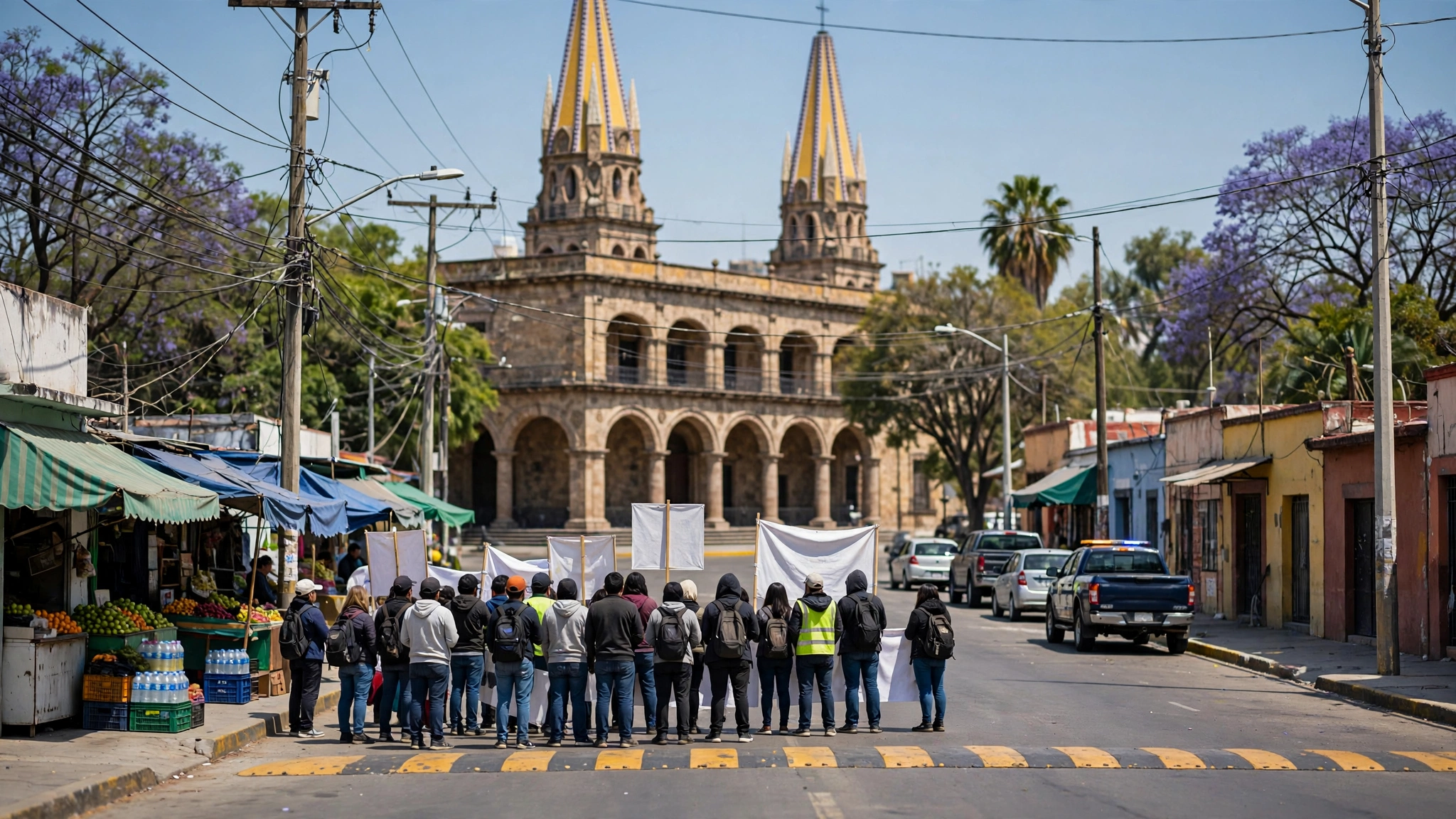 Manifestantes frente a un edificio público de Guadalajara durante la protesta por el agua