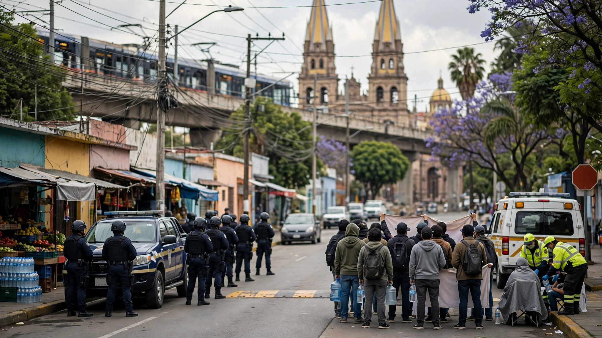 Policías y manifestantes durante los disturbios de la protesta por agua en Guadalajara