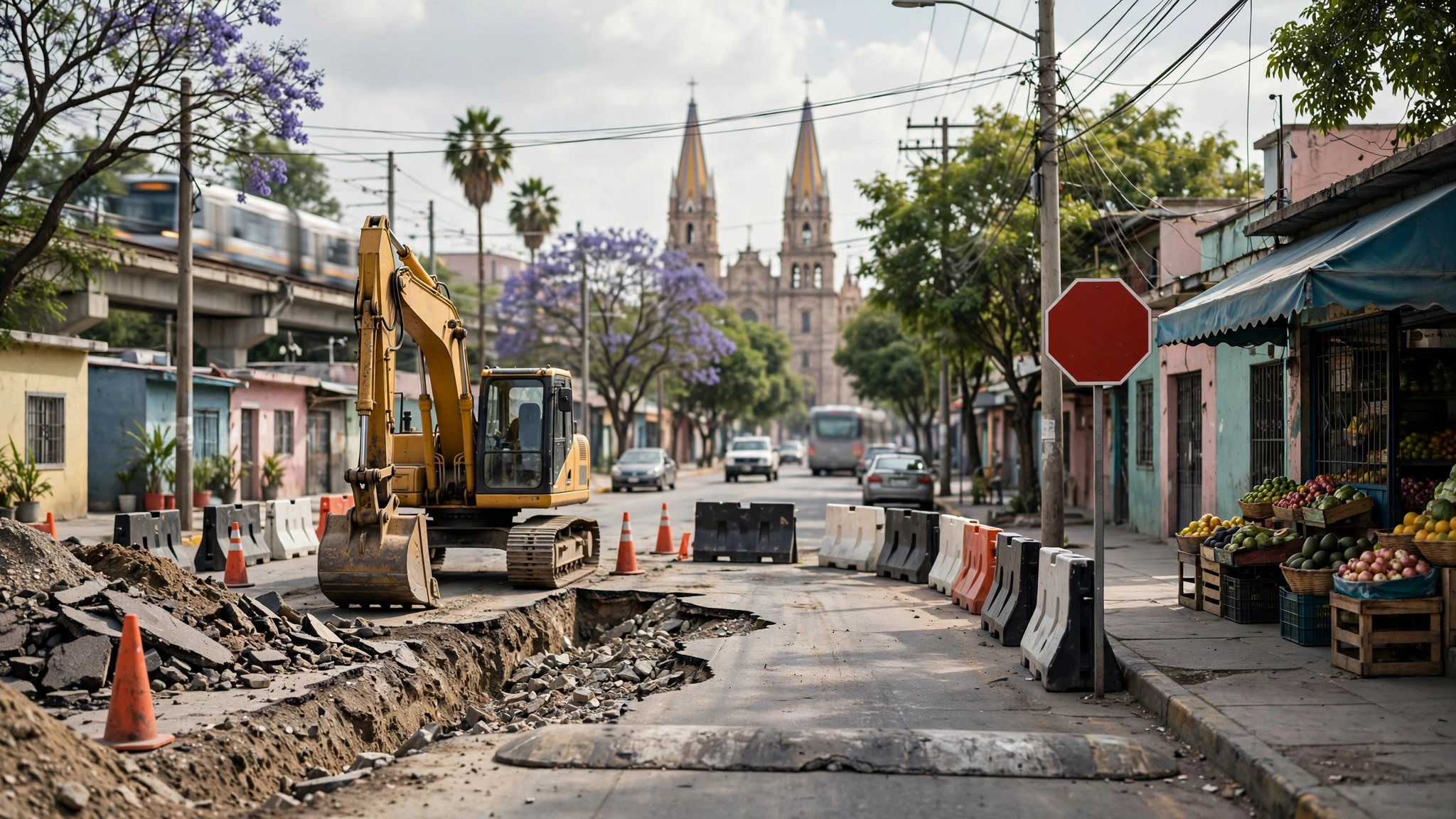 Maquinaria de obra pública en una calle de Guadalajara en rehabilitación