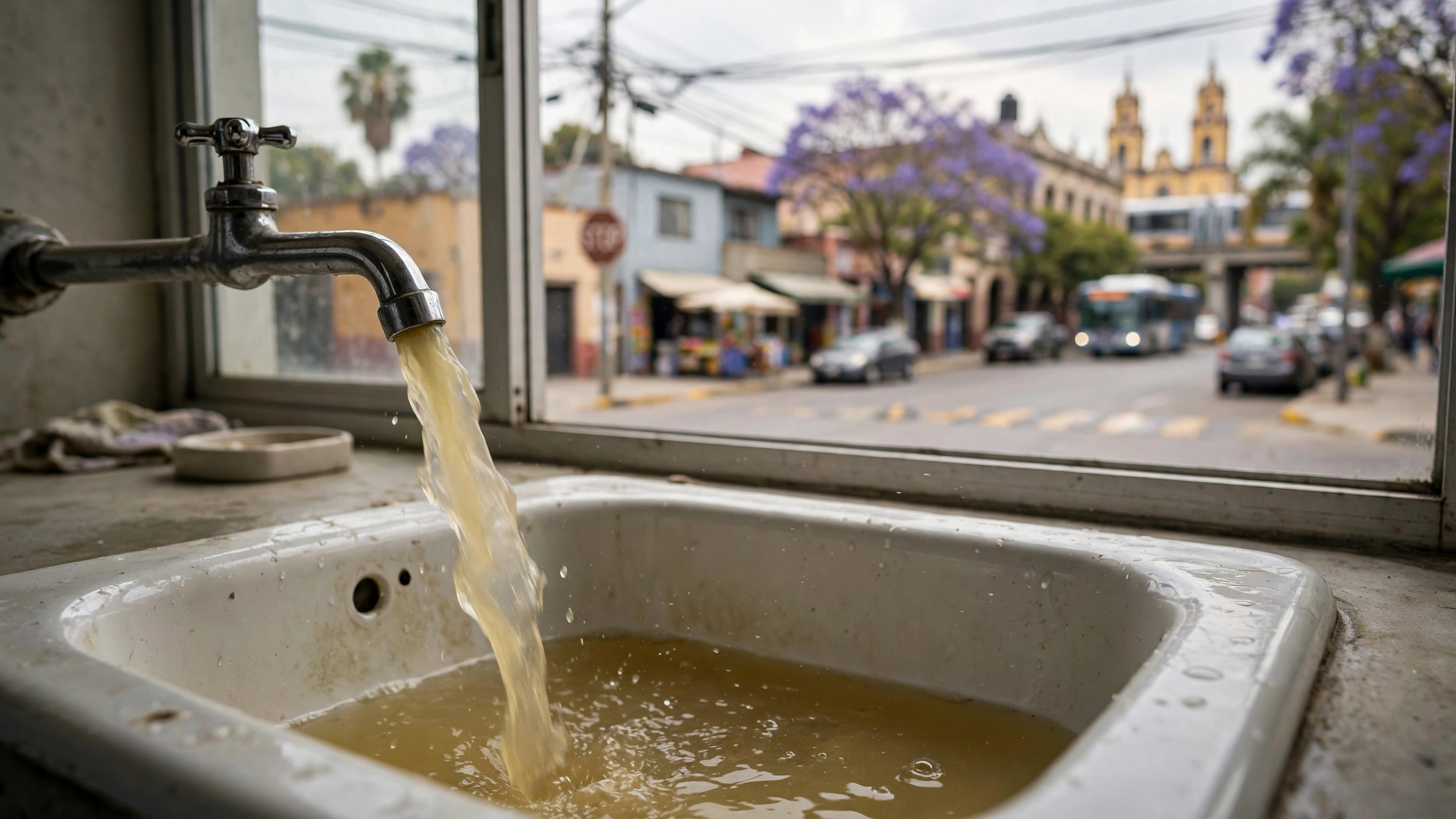 Grifo doméstico del que sale agua turbia y amarillenta cayendo en un lavabo