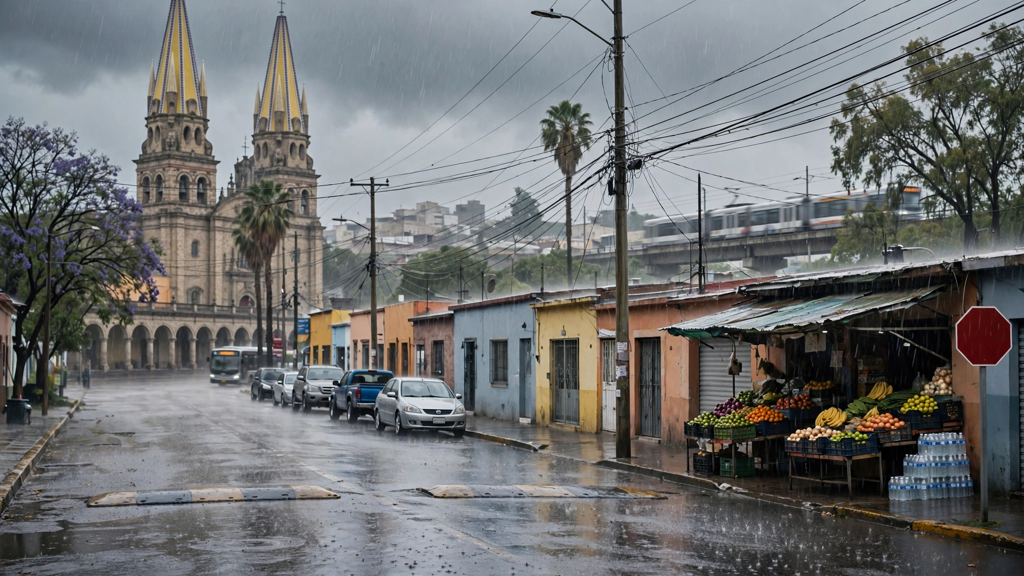 Calles de Guadalajara con lluvia intensa y cielo gris por la cercanía de un huracán