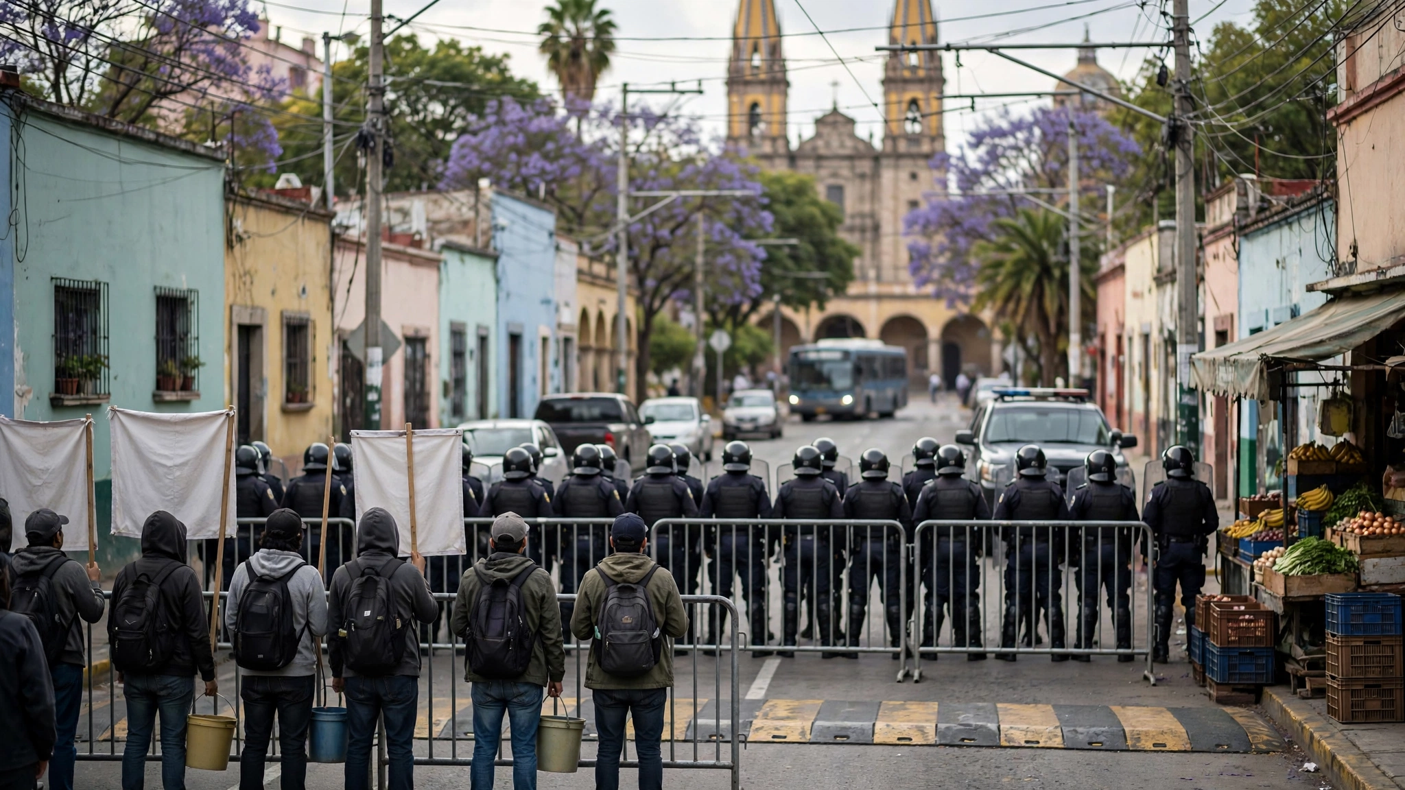 Manifestantes con pancartas y cubetas frente a vallas metálicas y policías antimotines en una calle de Guadalajara