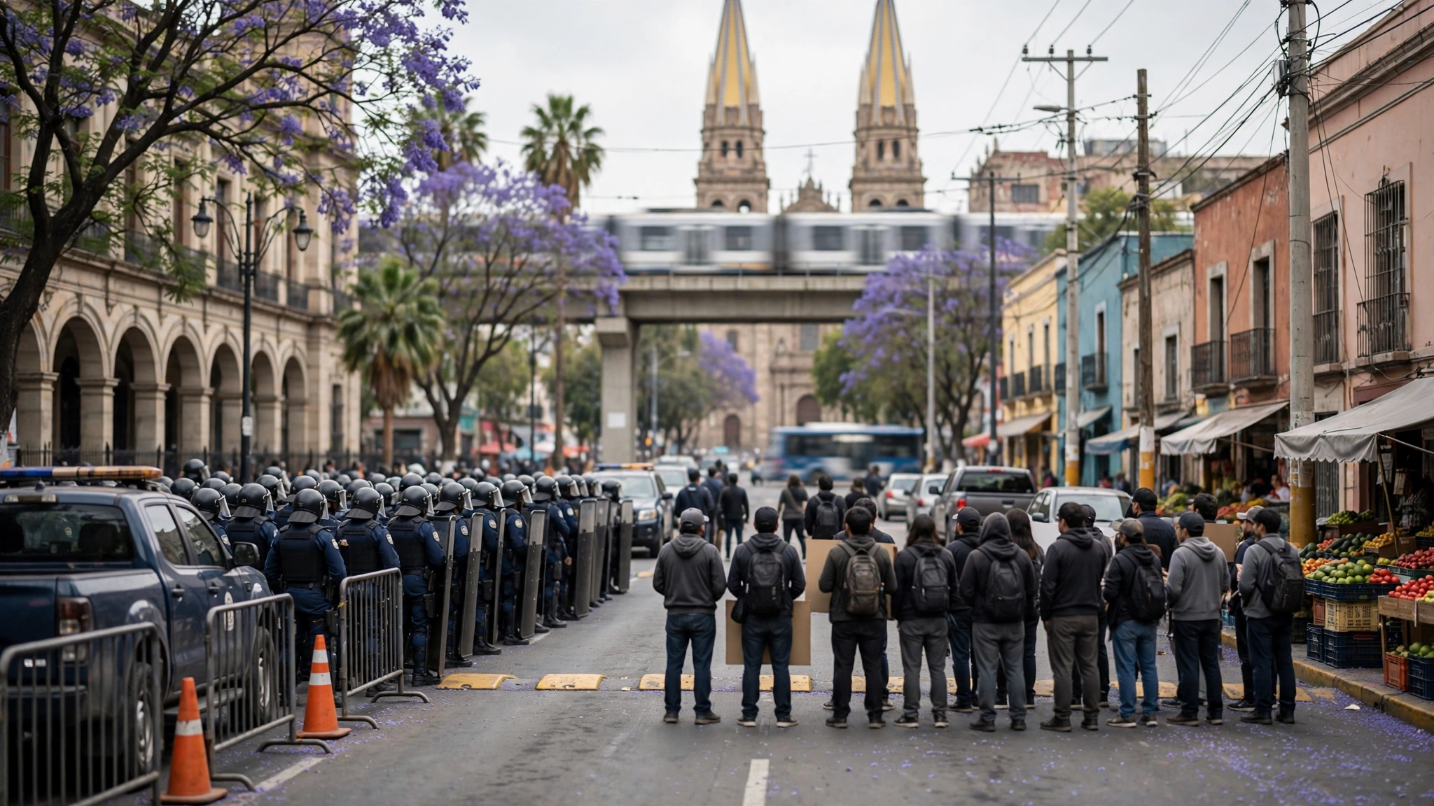 Policías antimotines y manifestantes frente a un edificio gubernamental durante disturbios en una avenida de la ciudad