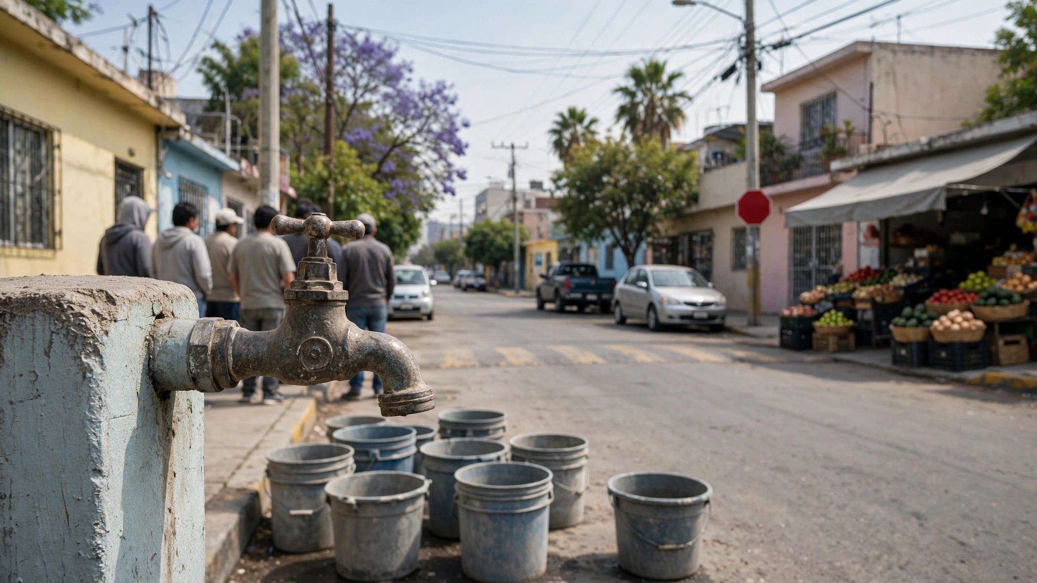 Grifo de agua seco en una calle residencial de Guadalajara, con vecinos observando y cubetas vacías cerca.