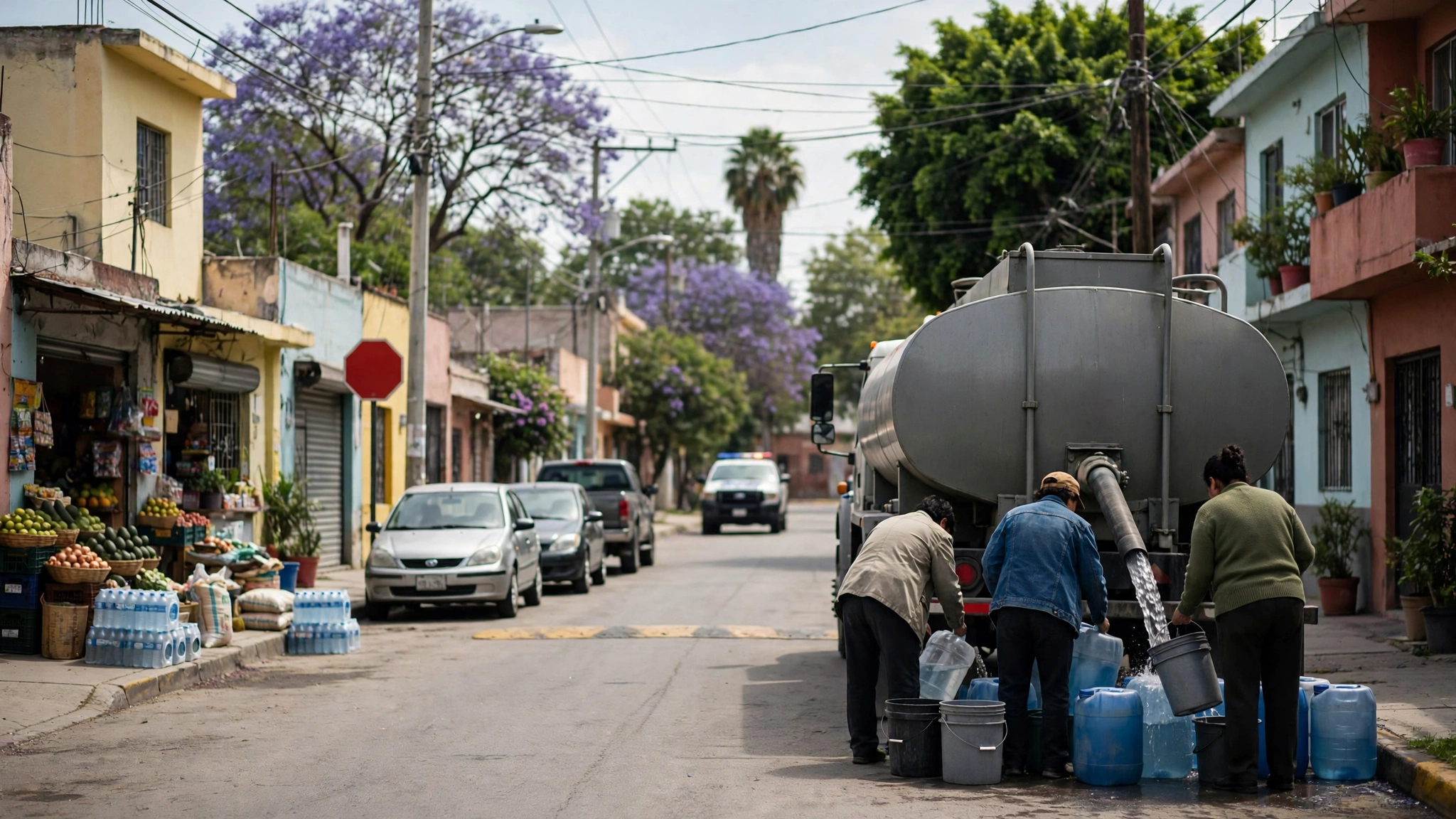 Vecinos de una colonia de Guadalajara llenando recipientes de agua desde una pipa municipal en la calle