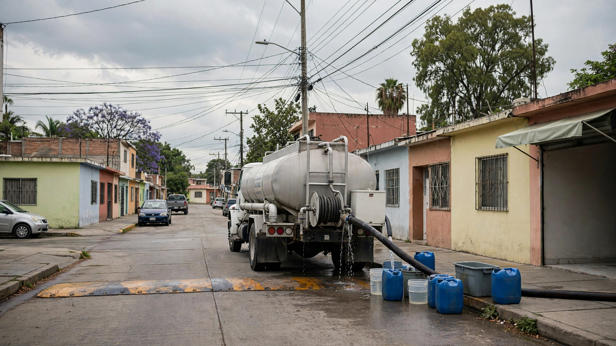 Una pipa de agua abastece a vecinos en una calle de una colonia de Guadalajara bajo cielo nublado.