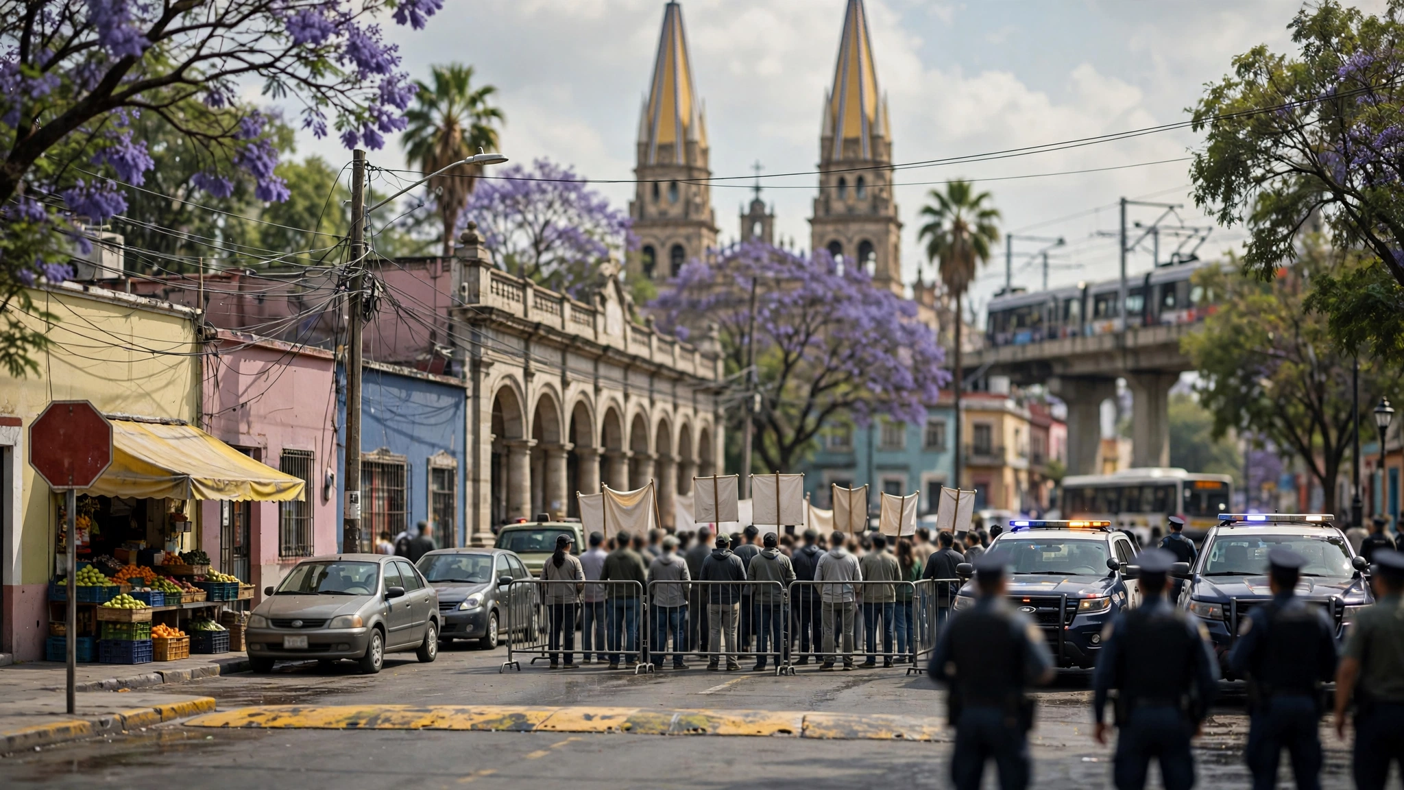 Manifestantes frente a un edificio de gobierno con vallas y presencia policial en una calle de Guadalajara.