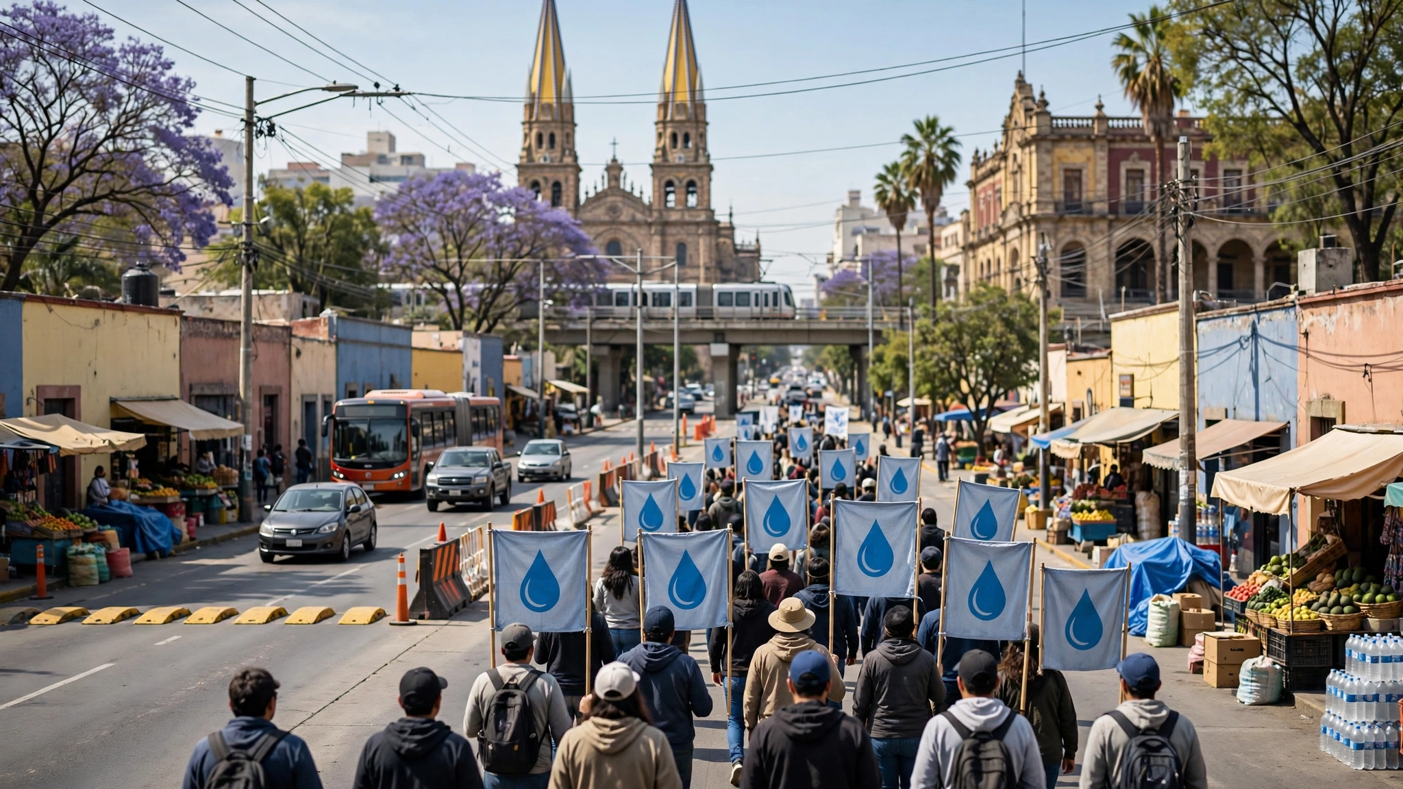 Multitud de manifestantes avanzando por una avenida del centro de Guadalajara hacia un edificio de gobierno, con pancartas sobre el agua
