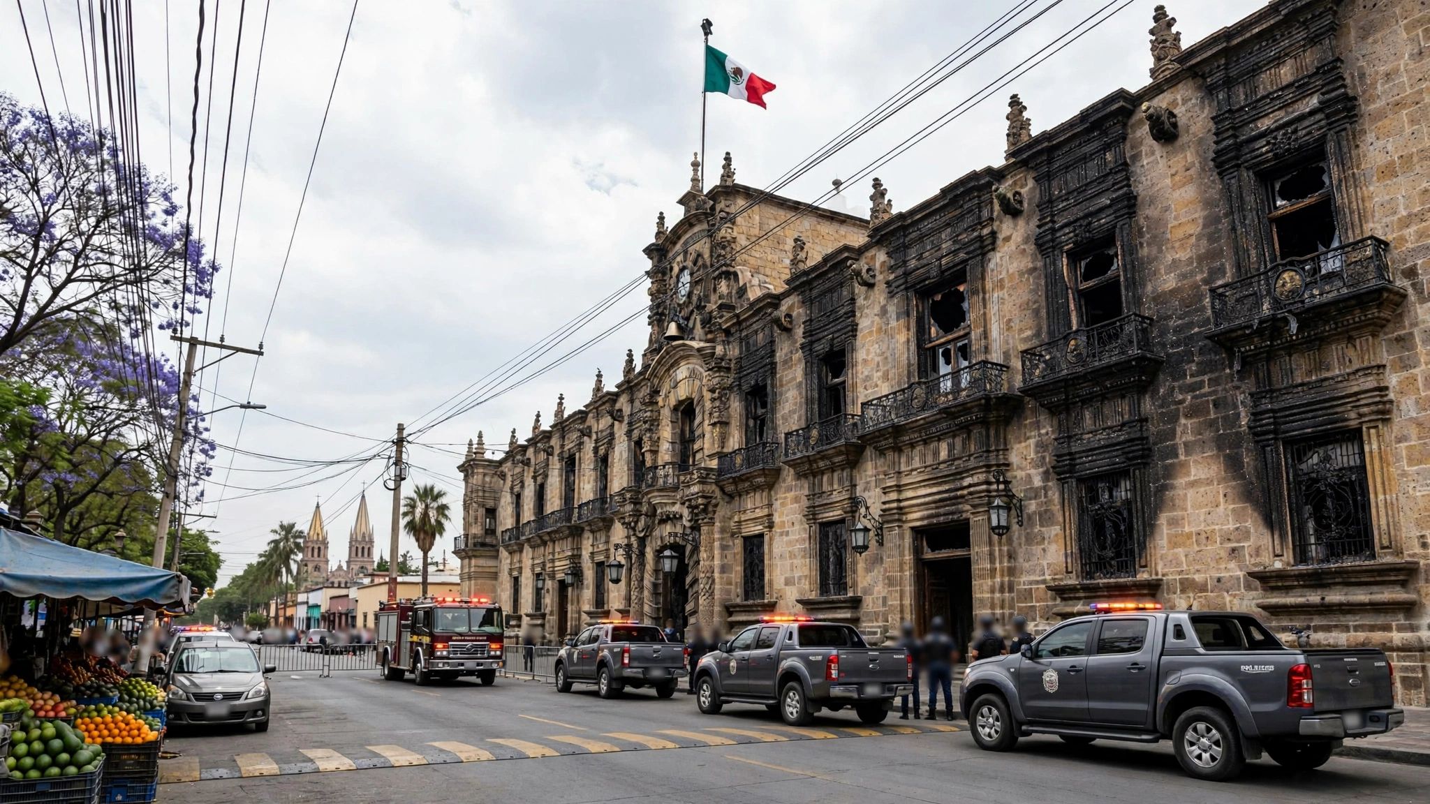 Fachada del Palacio de Gobierno de Jalisco con daños por fuego y policías resguardando el acceso durante una manifestación.