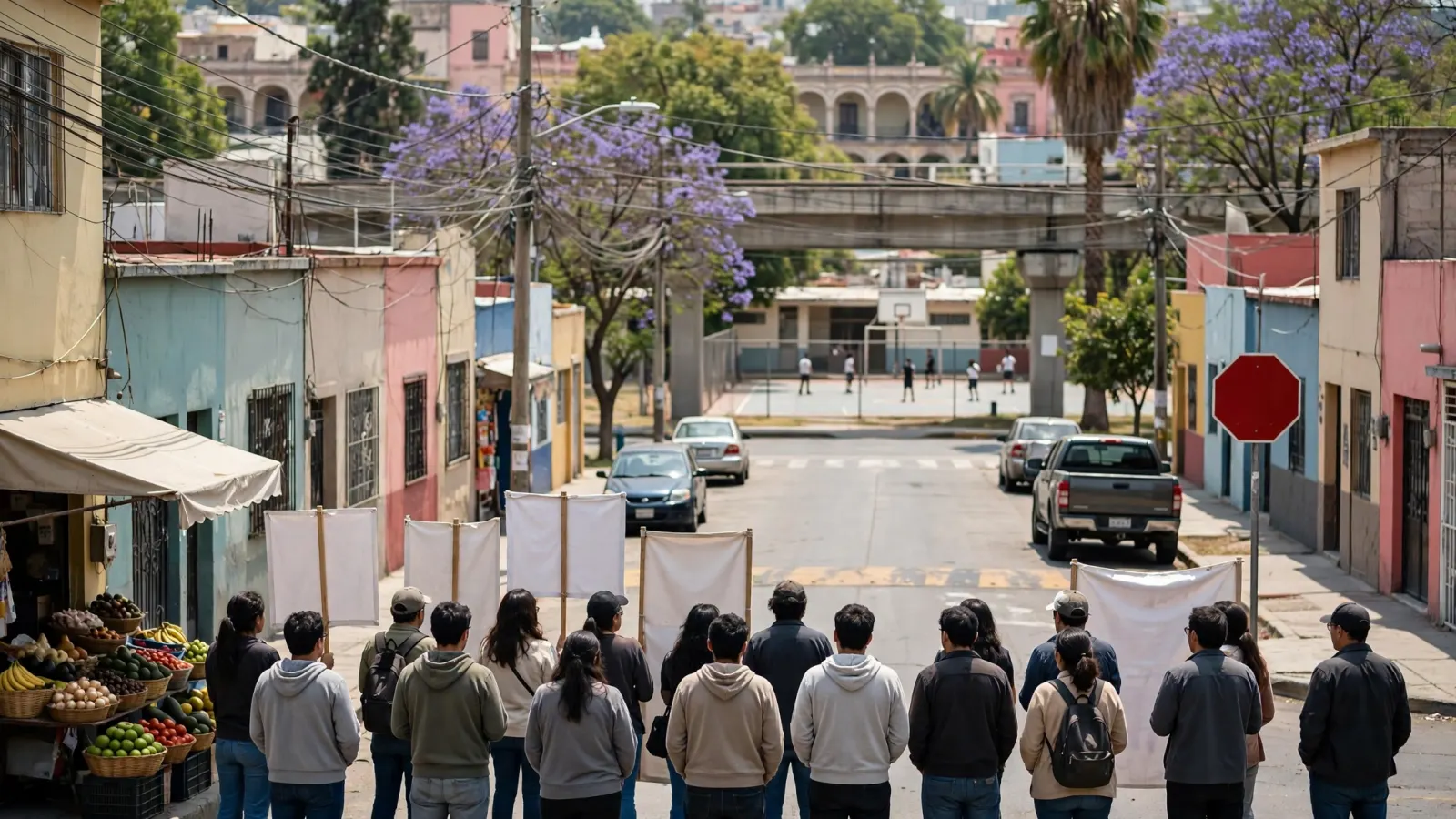 Vecinos reunidos en una calle de Guadalajara con pancartas, cerca de un cruce vehicular, durante una protesta diurna.