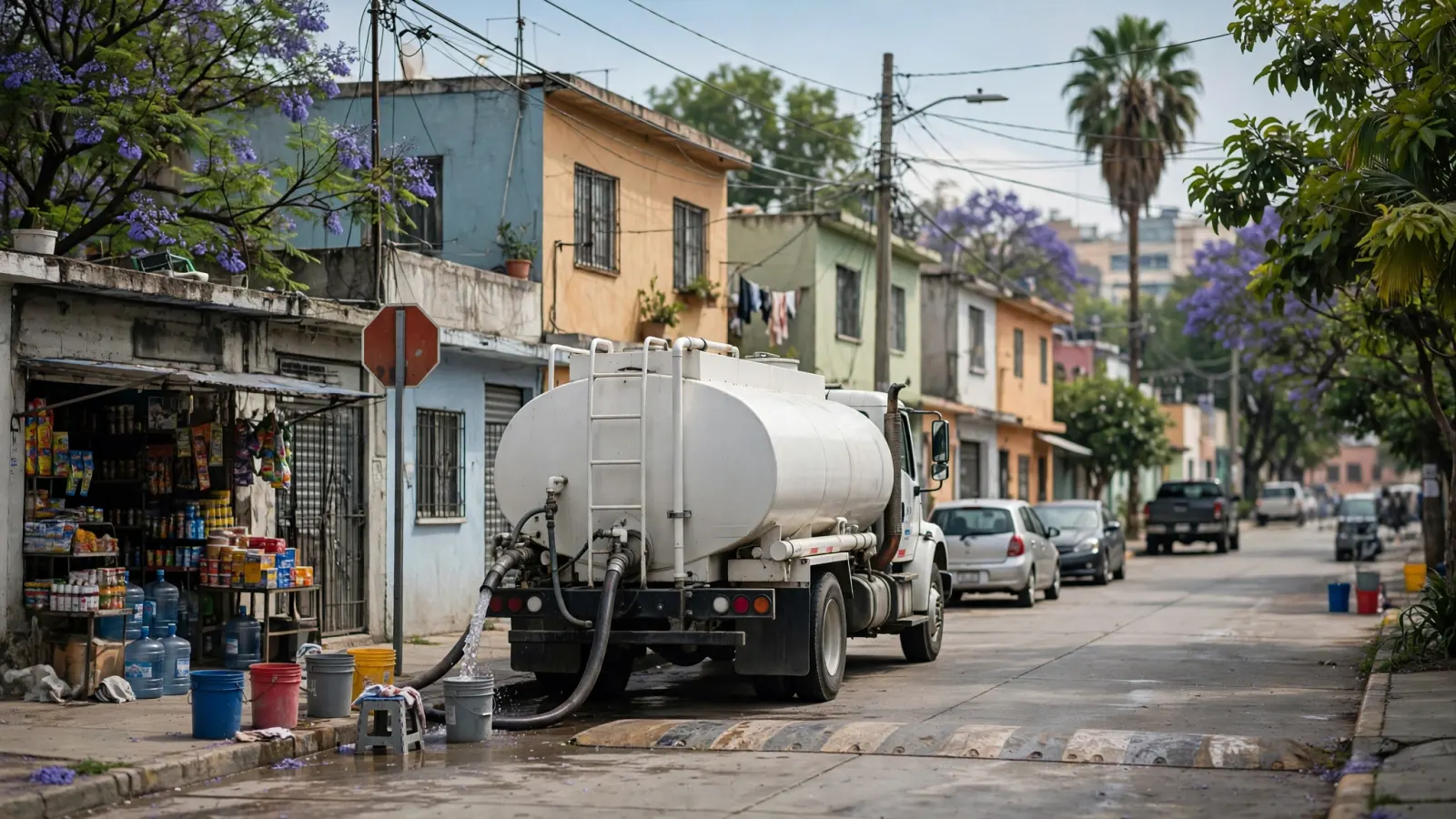Una pipa de agua entrega suministro a vecinos con cubetas en una calle de una colonia de Guadalajara.