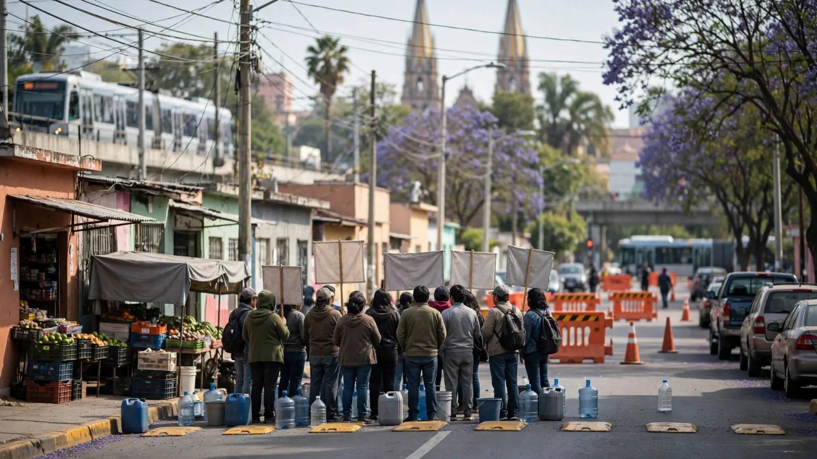 Vecinos reunidos sobre una avenida cerrada con pancartas, reclamando la falta de agua en sus colonias.