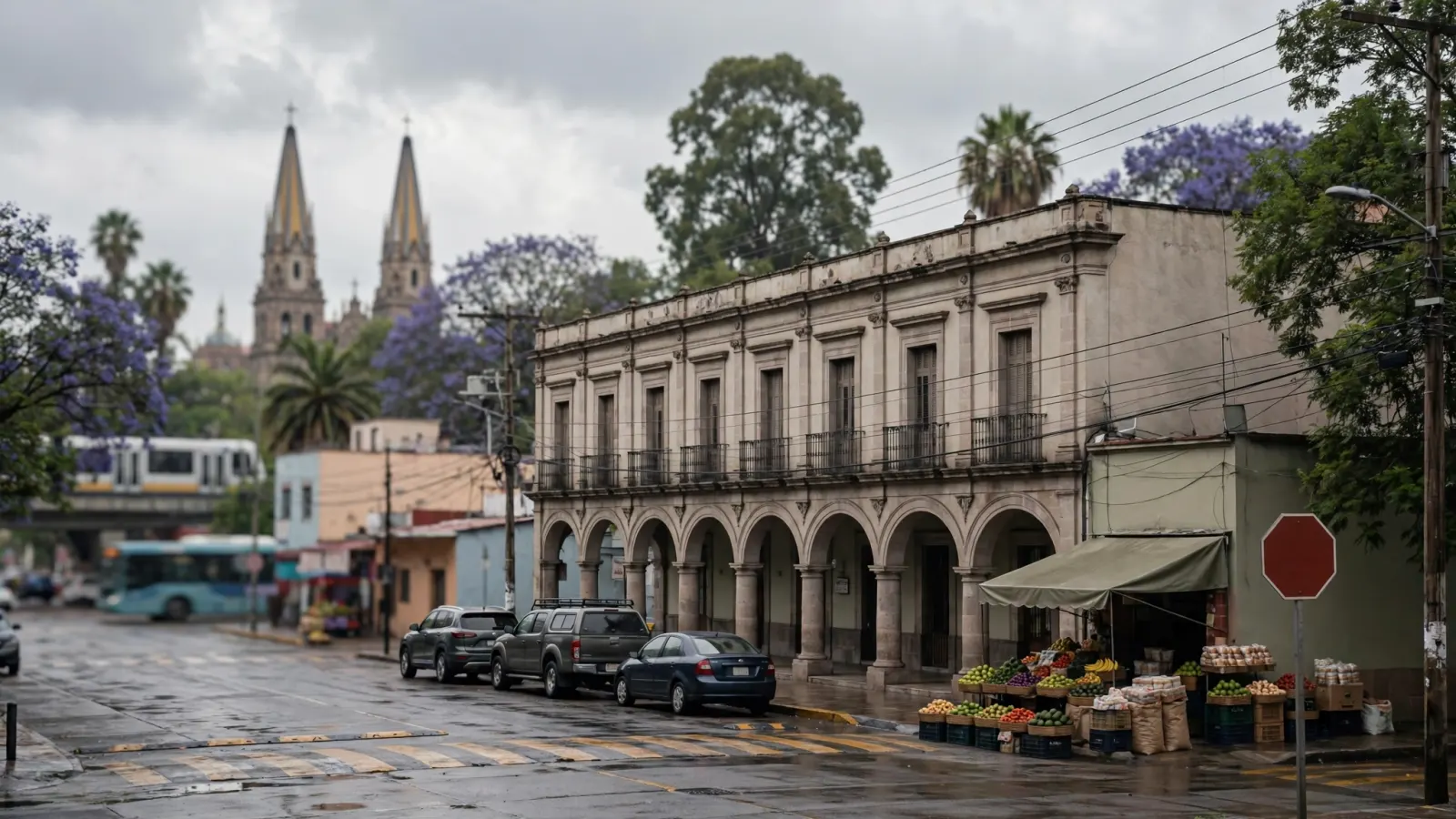 Fachada de un edificio de gobierno con vehículos oficiales estacionados, bajo un cielo nublado.