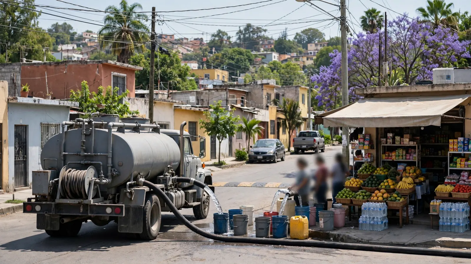 Pipas de agua distribuyendo agua a vecinos en una colonia de Guadalajara