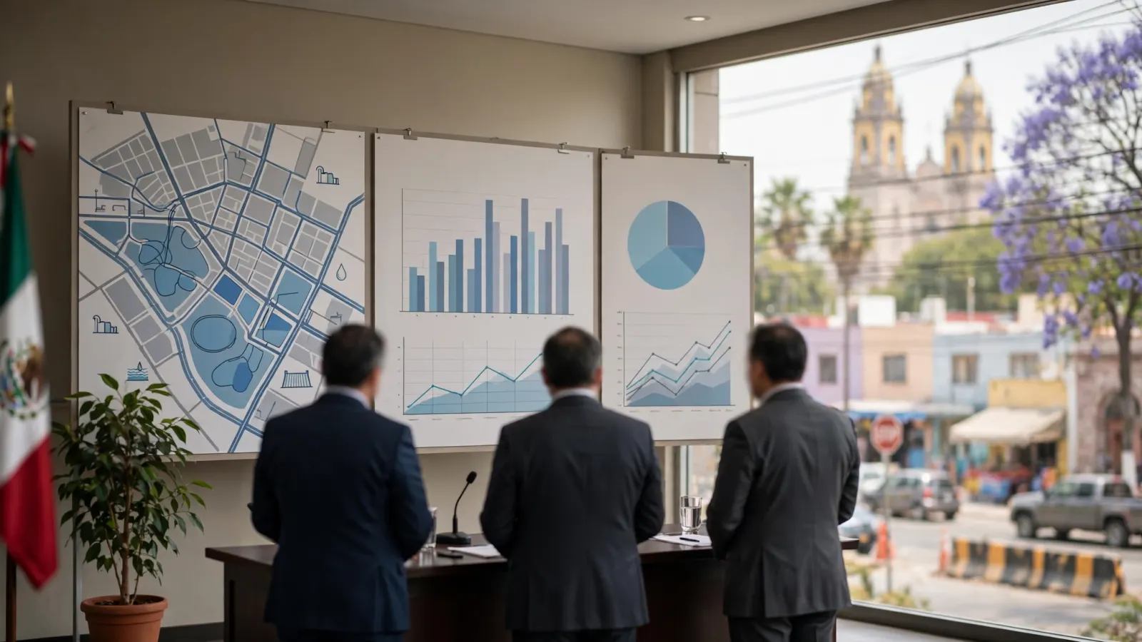 Funcionarios en un evento oficial presentando un anuncio sobre obras de infraestructura hídrica, con mapas y gráficos de fondo