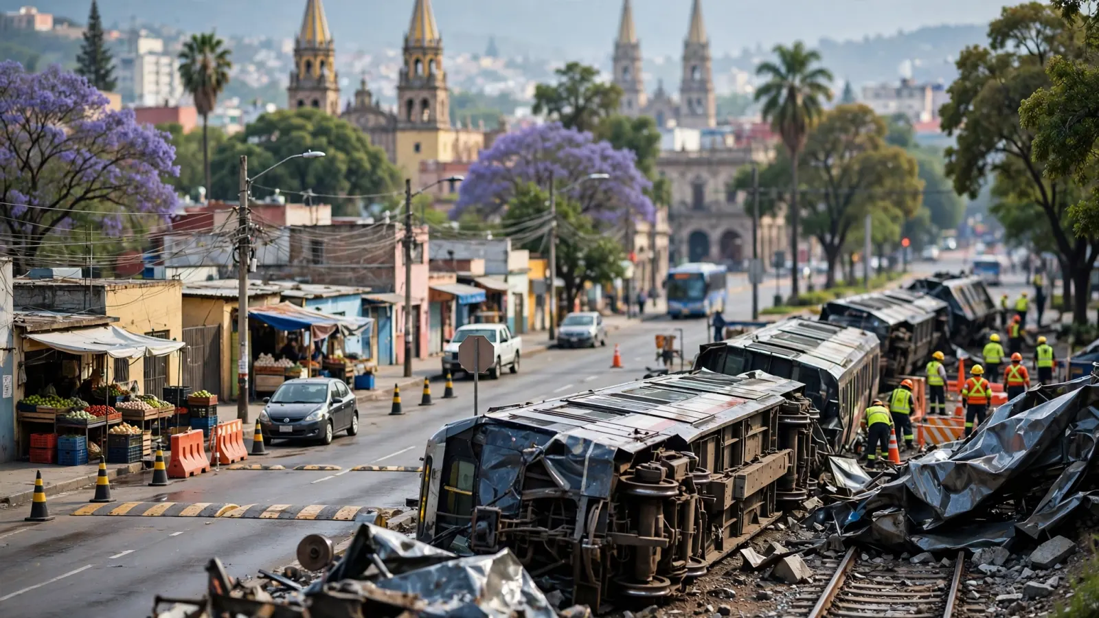 Vagones de tren descarrilados y volcados sobre las vías, con personal de emergencia trabajando en la zona.
