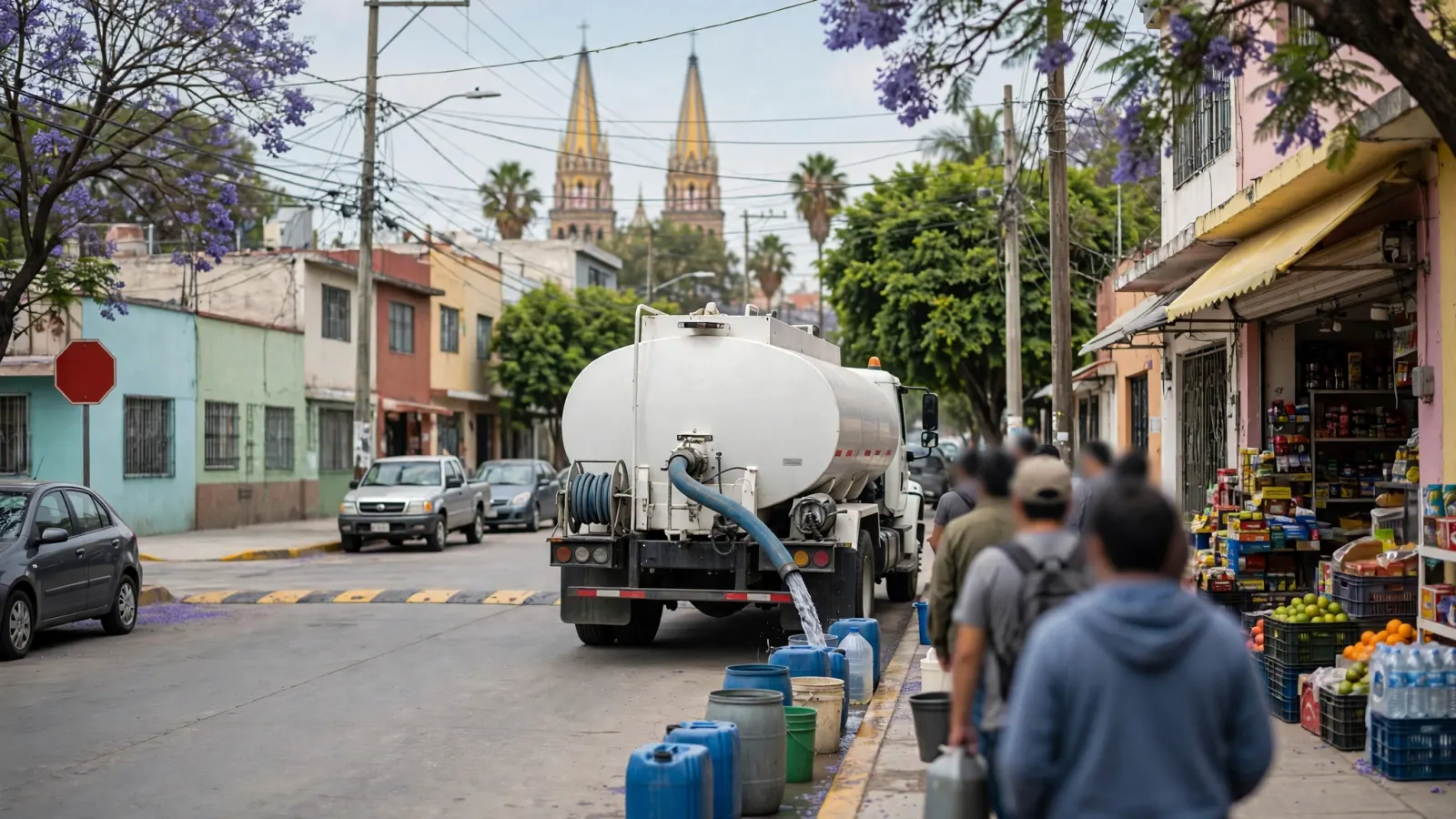 Un camión cisterna reparte agua en una calle de una colonia de Guadalajara mientras vecinos esperan con recipientes.