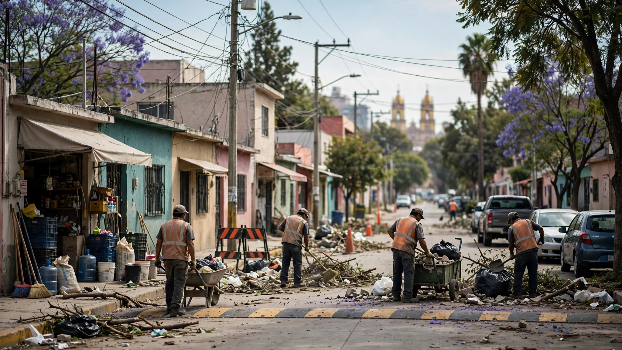 Cuadrillas de limpieza retiran basura y escombro de una calle en la colonia Ferrocarril, Guadalajara