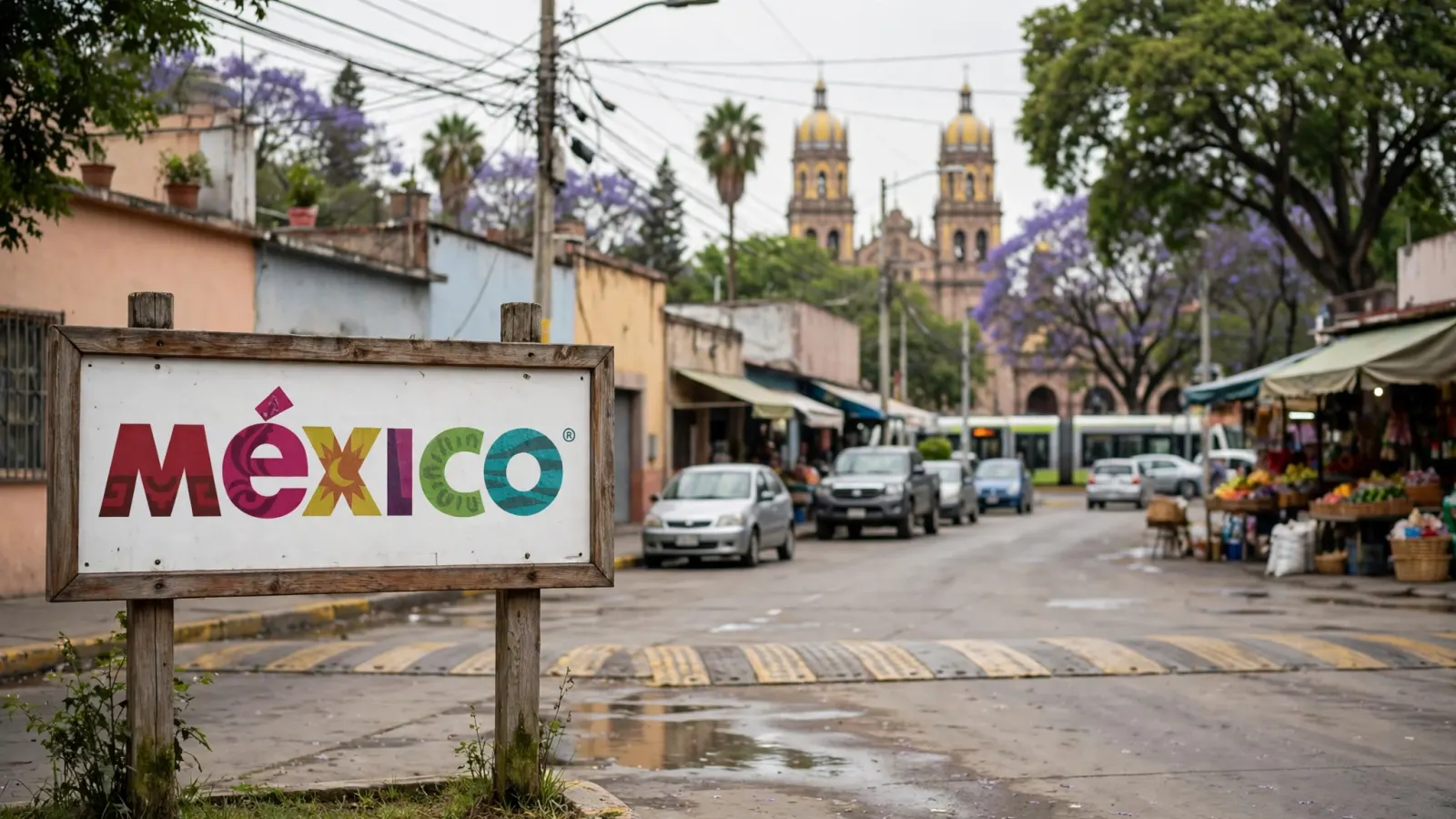 Letrero de bienvenida con el logotipo de la marca México en un recinto ferial