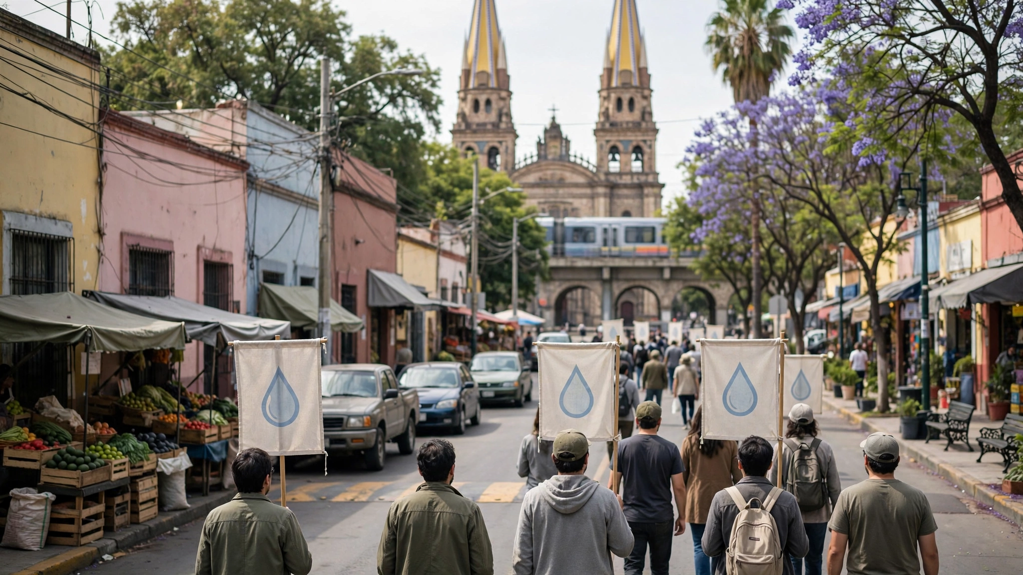 Manifestantes marchando por las calles del centro de Guadalajara con pancartas sobre el agua