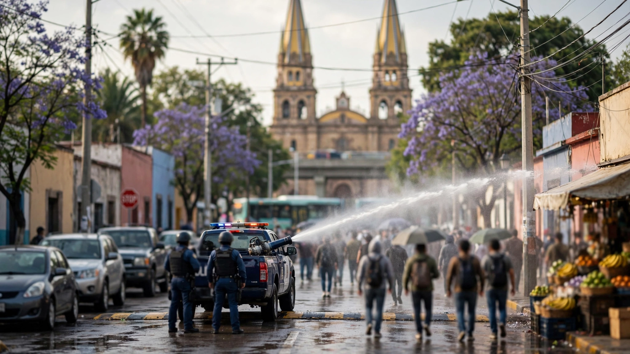 Policías con chorros de agua dispersan a manifestantes durante la marcha por el agua en Guadalajara