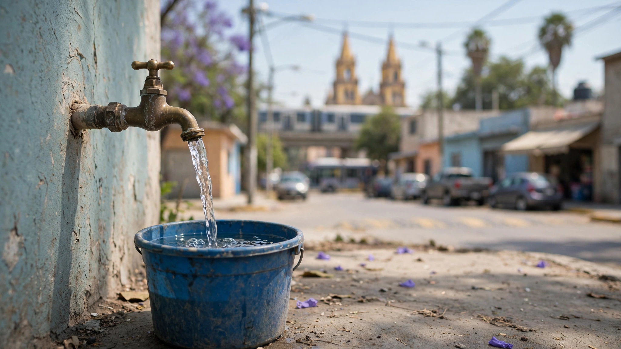 Llave de agua abierta en una vivienda del Área Metropolitana de Guadalajara durante un corte de suministro