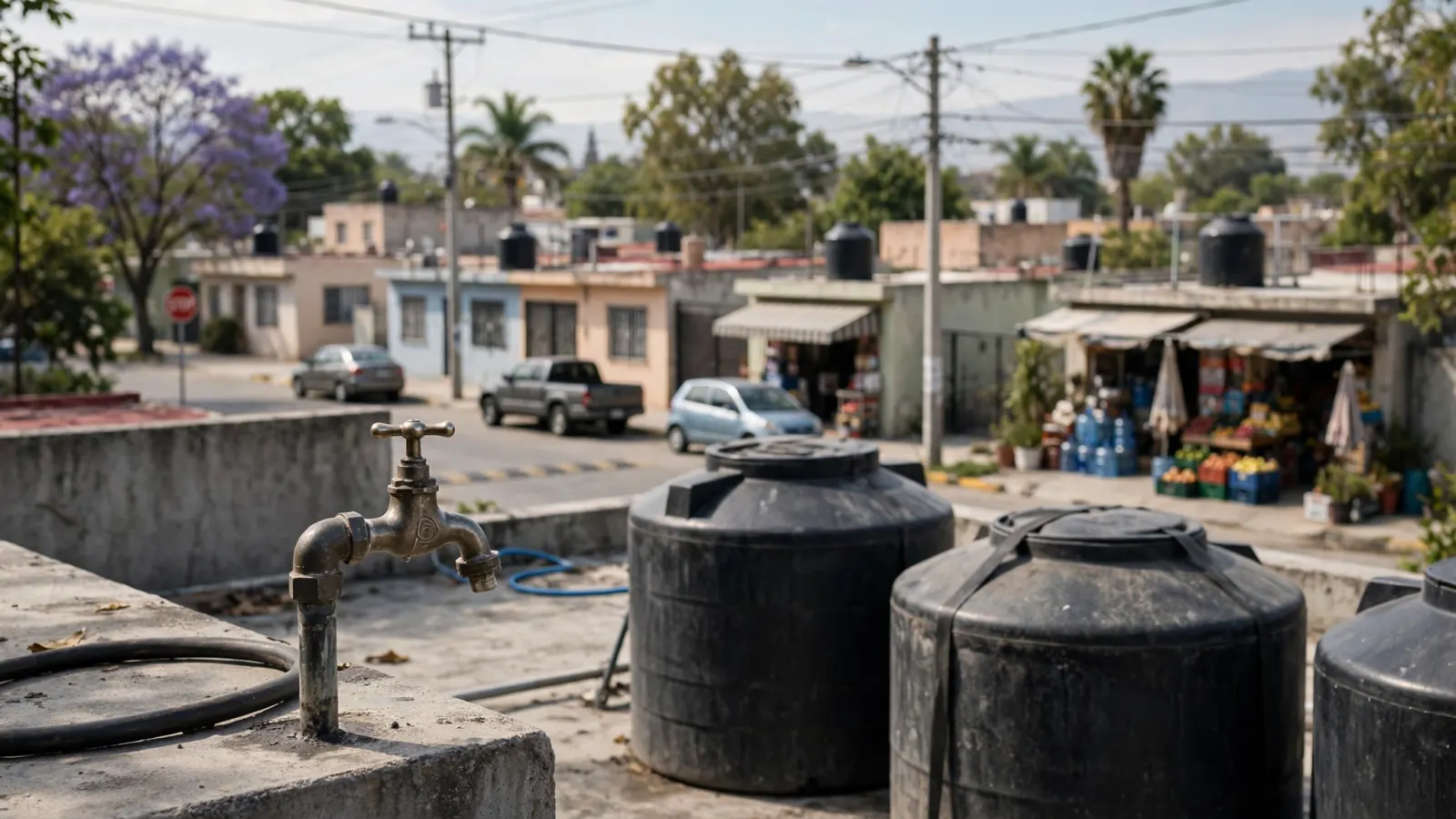 Vista de una llave de agua y tinacos en una vivienda de Guadalajara durante la rotación del servicio de SIAPA
