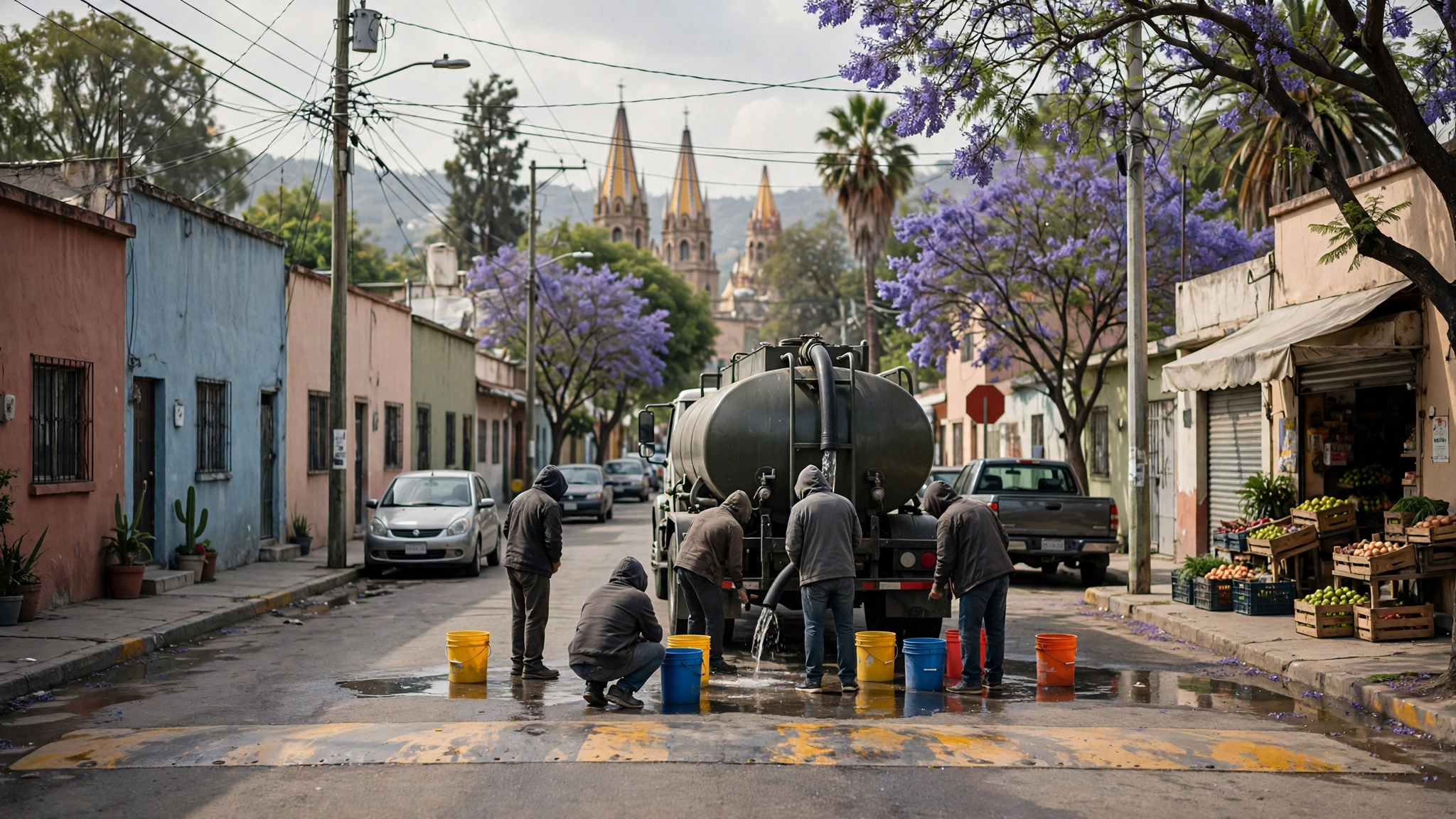 Vecinos de Guadalajara llenan cubetas de agua en la calle durante el tandeo del SIAPA