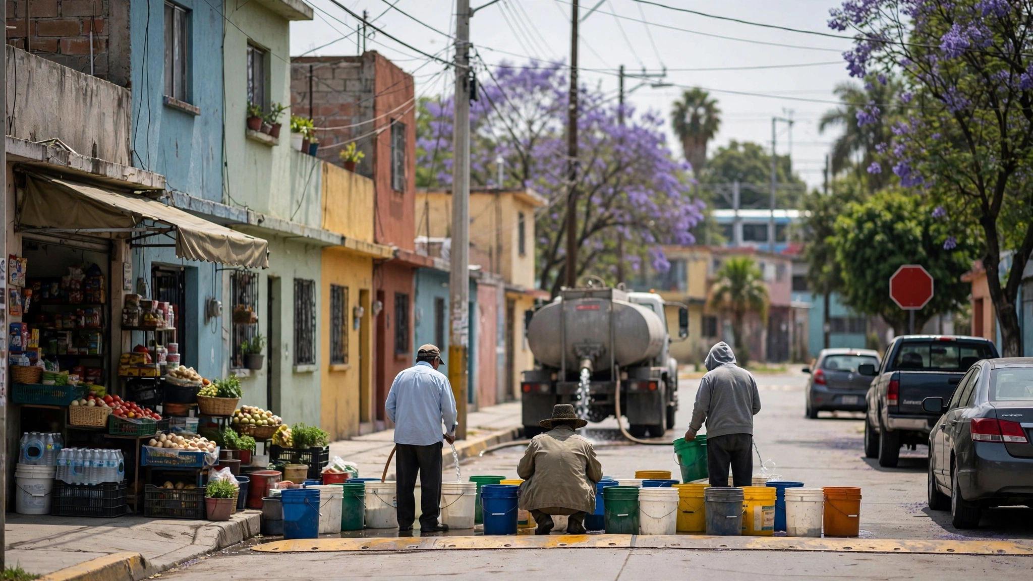 Vecinos de una colonia de Guadalajara llenan cubetas de agua durante el tandeo aplicado por el SIAPA