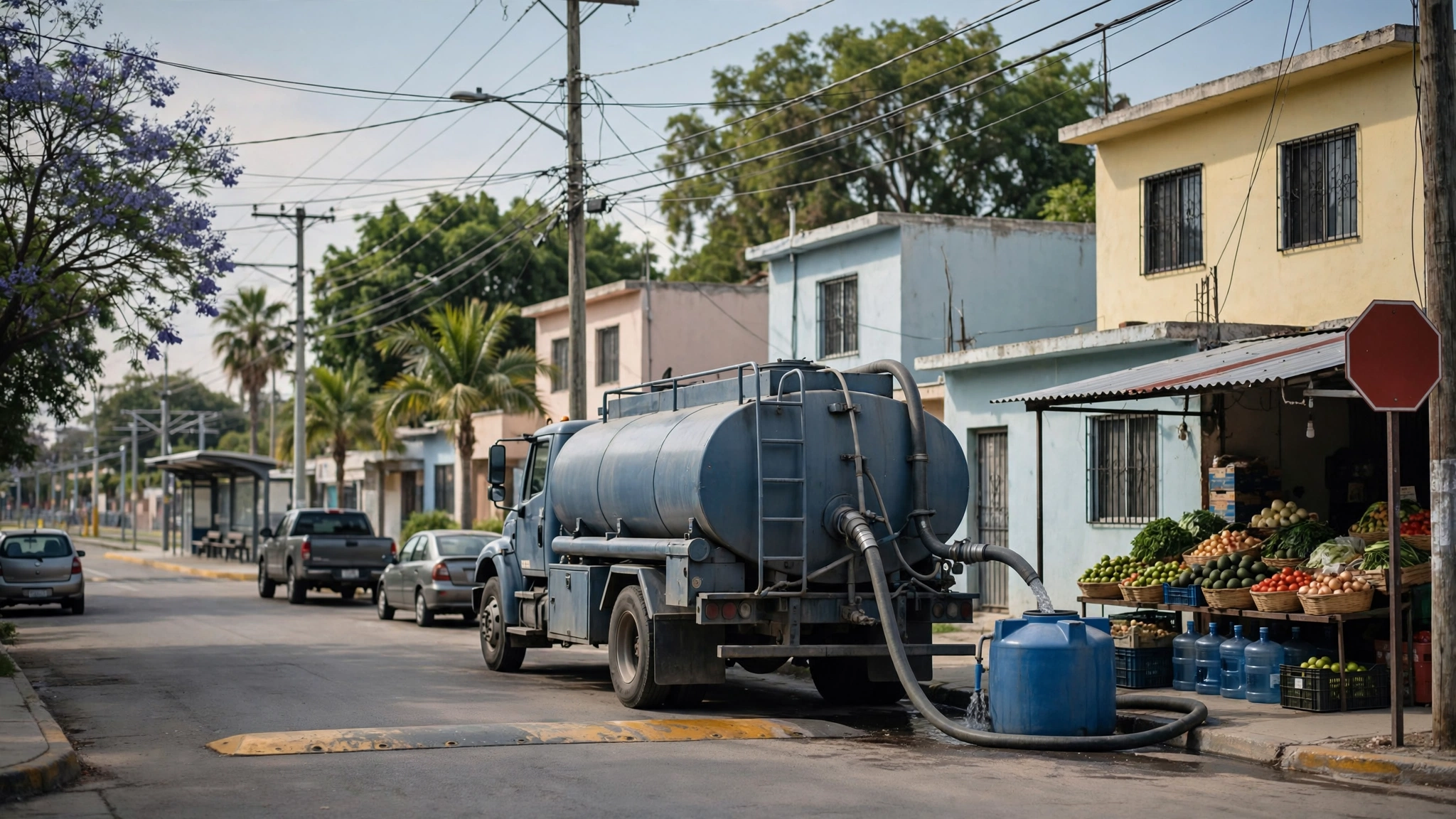 Camión pipa del Siapa repartiendo agua en una colonia de Guadalajara durante el tandeo