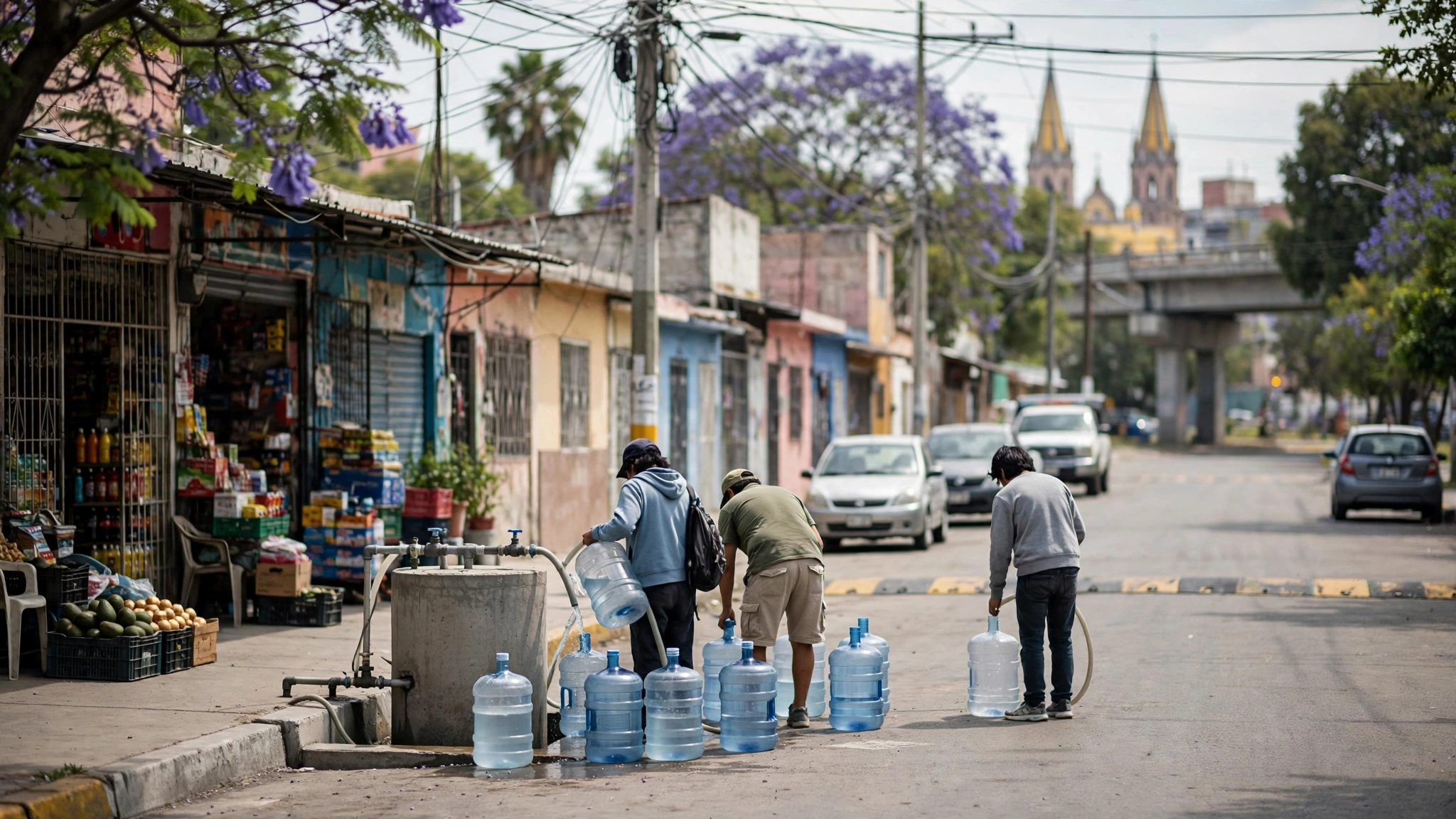 Vecinos llenan garrafones de agua en una cisterna instalada en la vía pública en Tlaquepaque