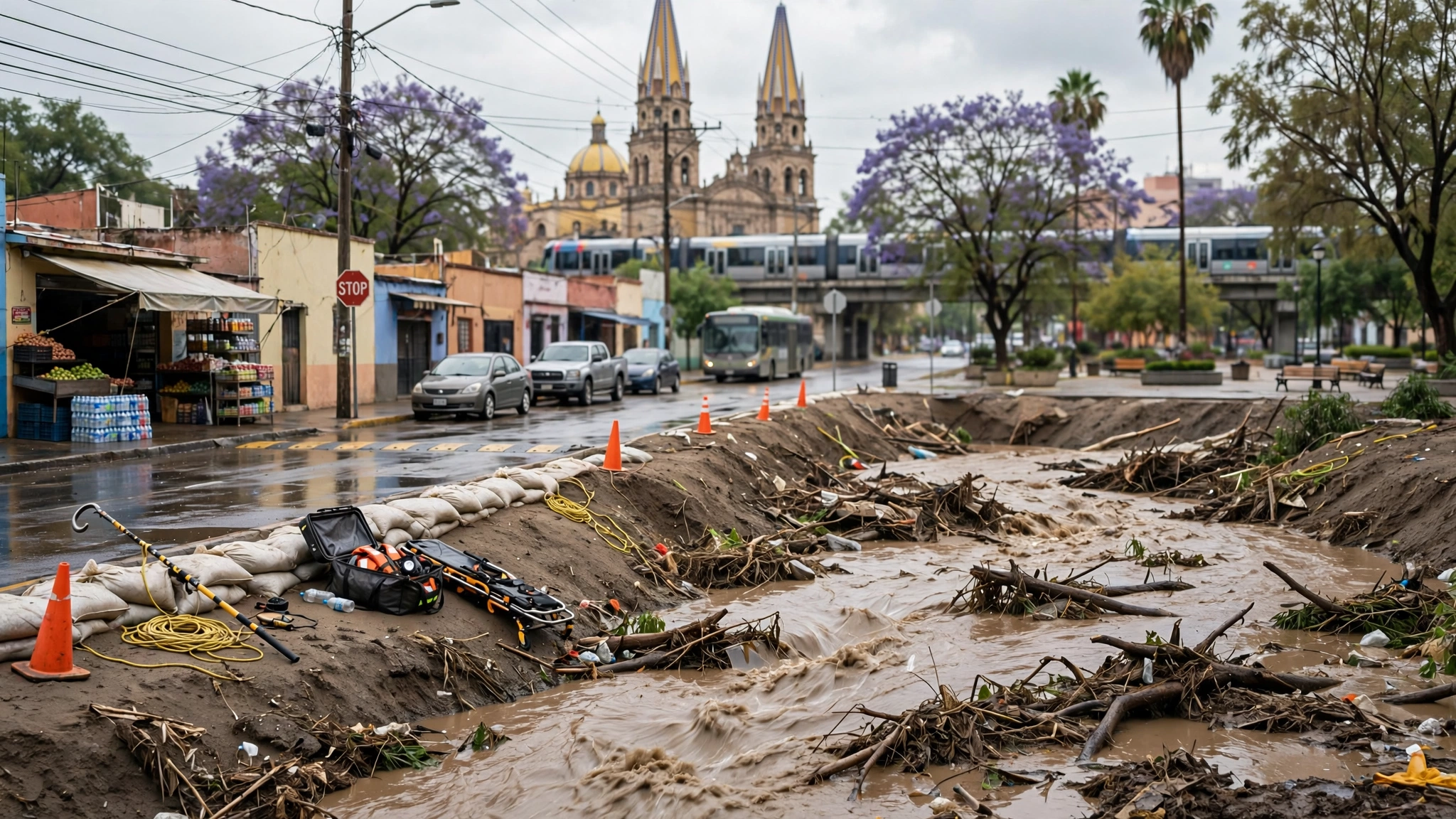 Cuerpos de emergencia realizan labores de búsqueda cerca de un cauce desbordado en Ensenada tras el paso de la tormenta Rachel