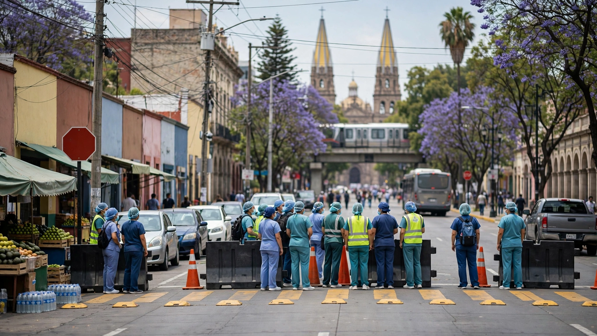 Enfermeras y enfermeros sindicalizados del IMSS bloquean la avenida Belisario Domínguez en Guadalajara durante una protesta