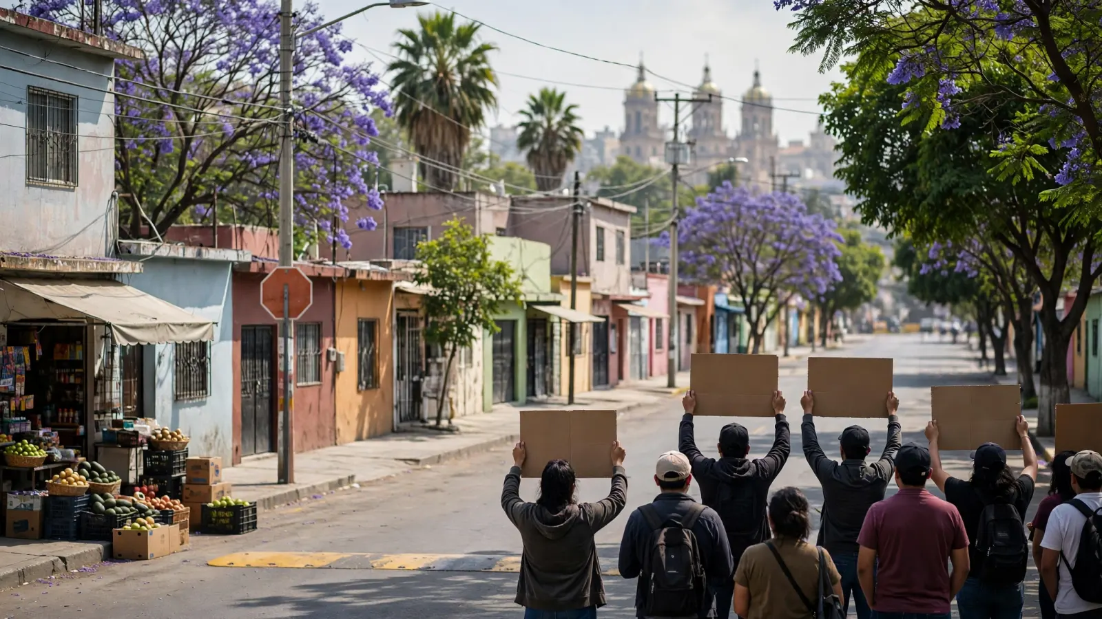 Vecinos se manifiestan en una calle de Guadalajara con pancartas por la falta de agua