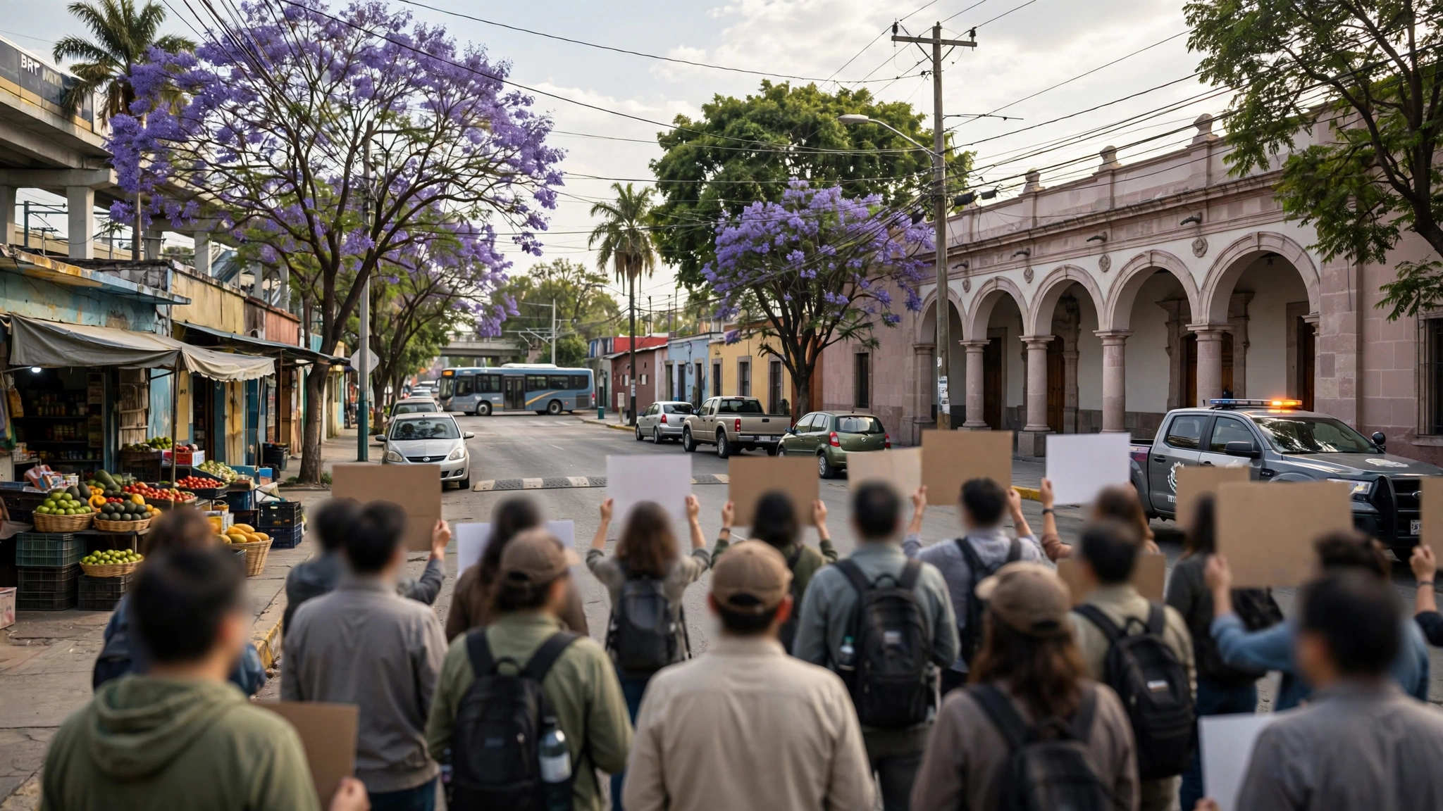 Manifestantes frente a Casa Jalisco durante la protesta por el agua contaminada en Guadalajara