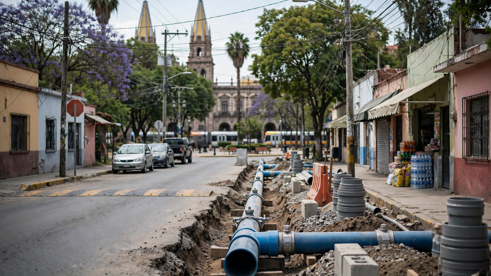 Tubería de distribución de agua del SIAPA en una calle de Guadalajara